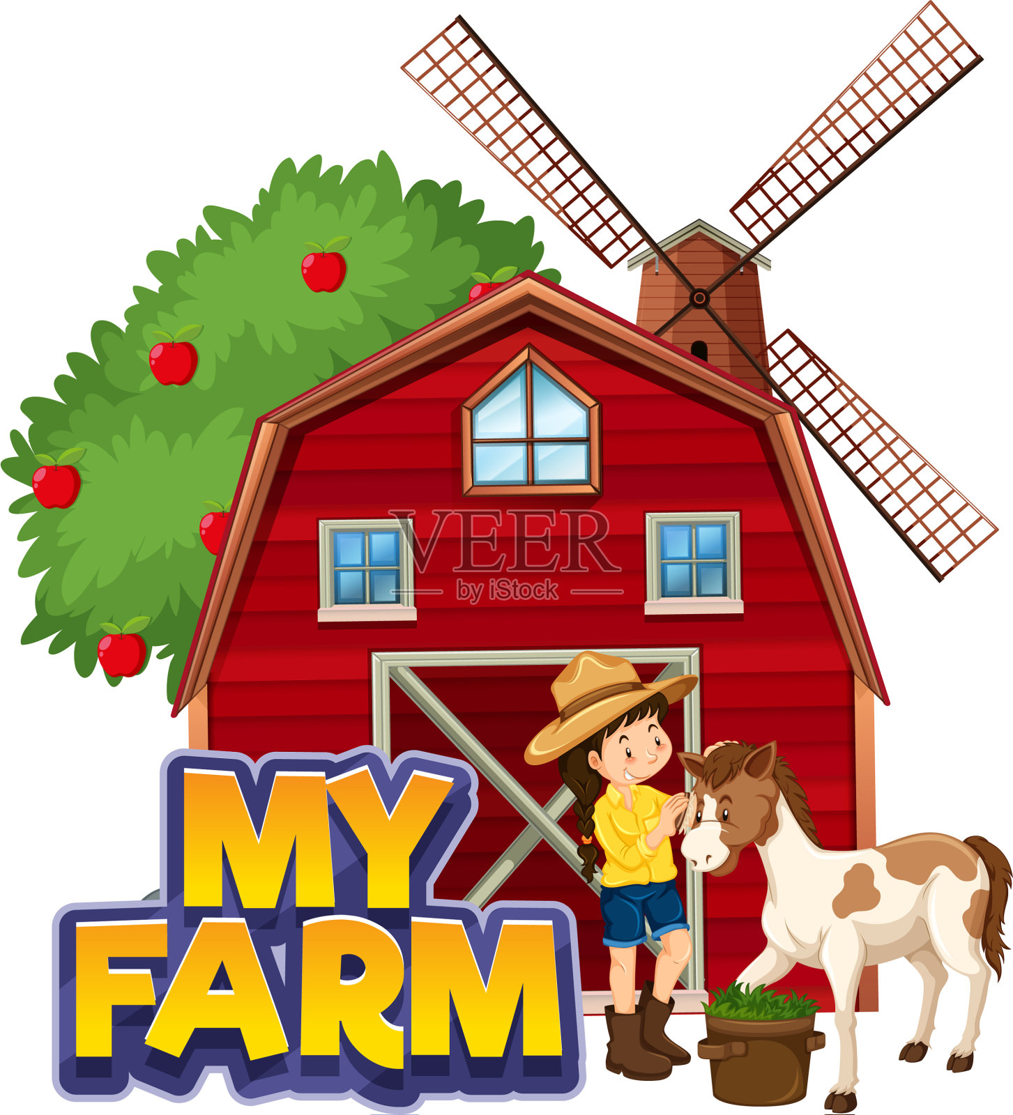 字体设计字我的农场与红色谷仓和插画图片素材