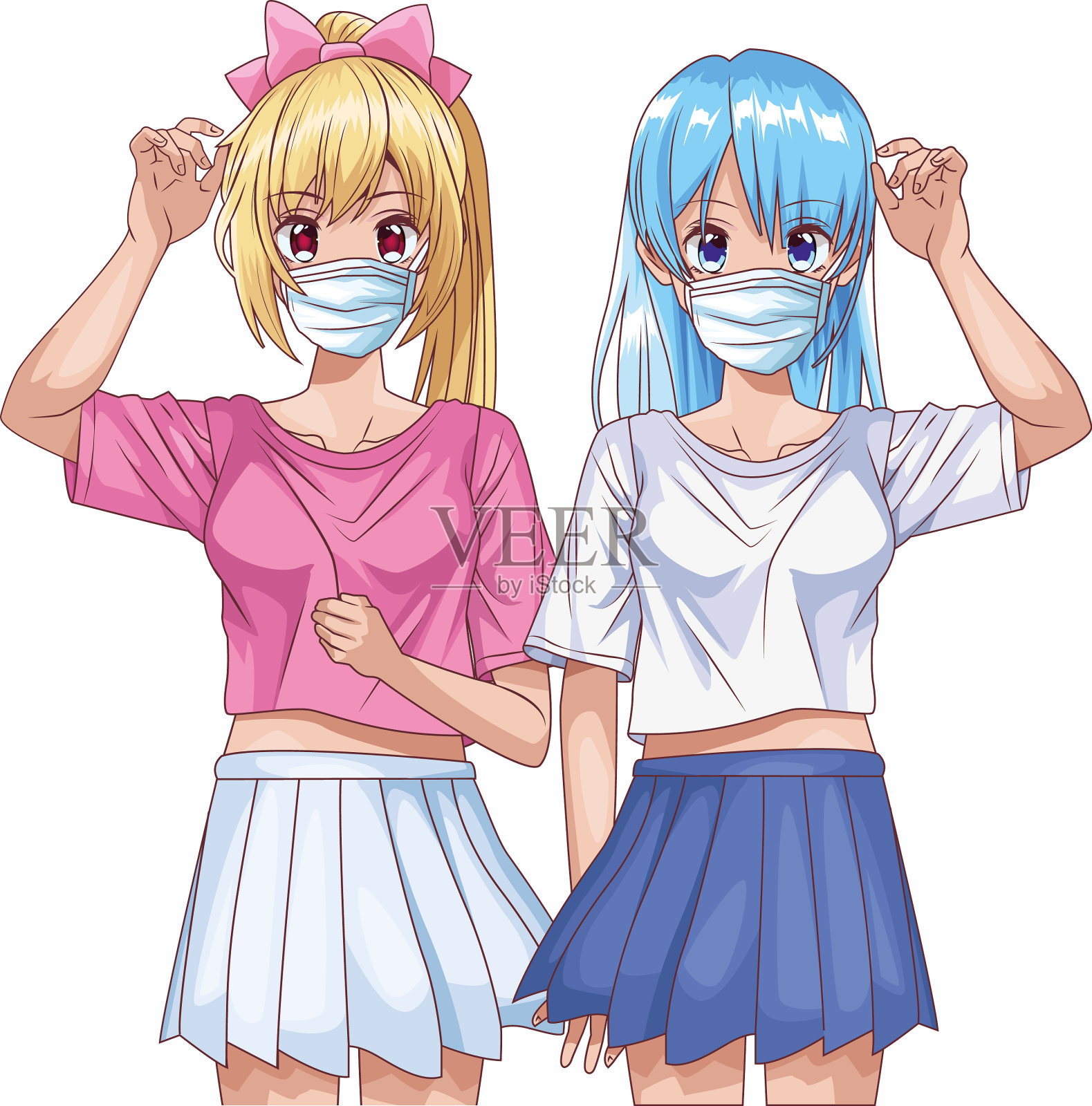 女孩们用面具扮演动漫人物插画图片素材