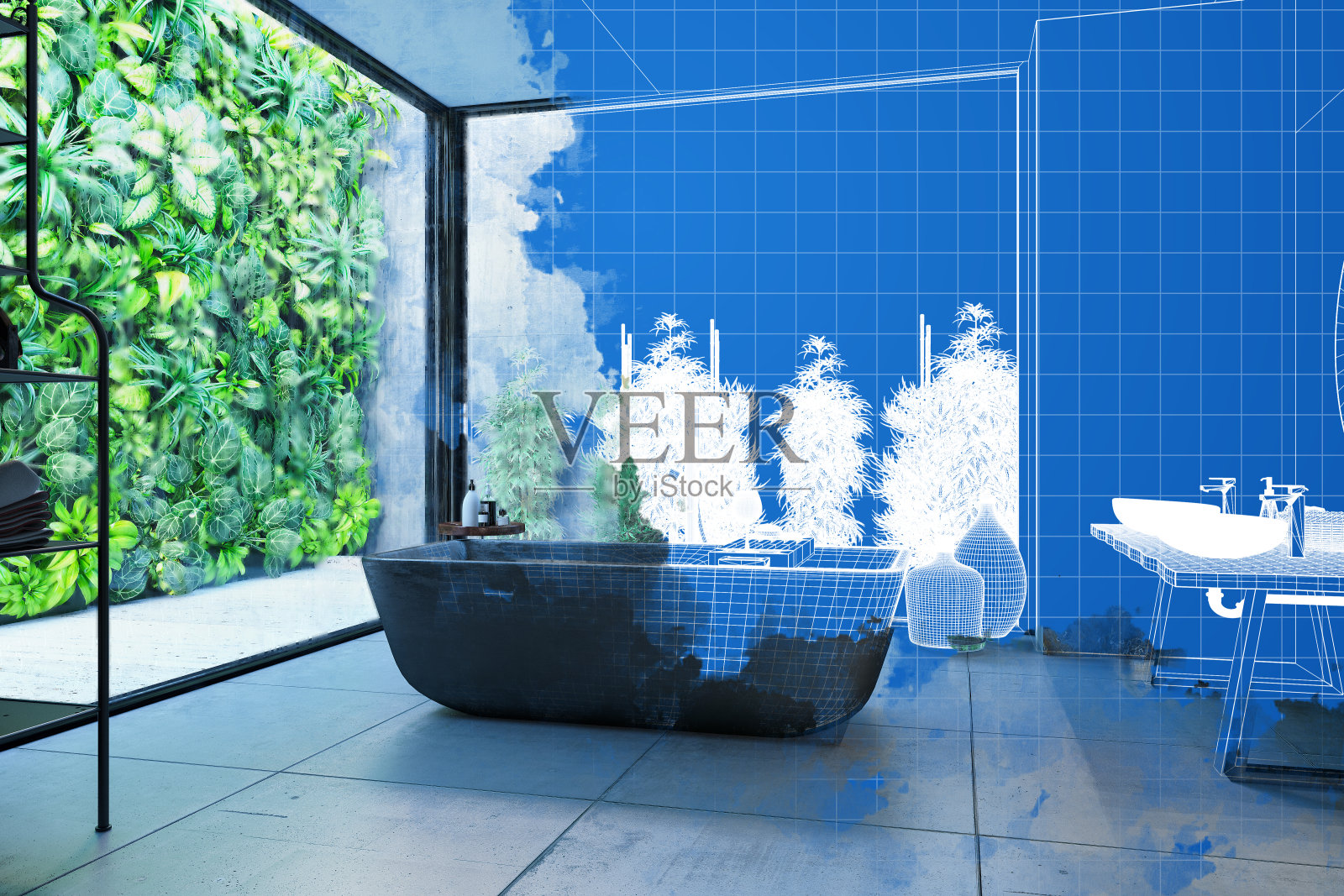 半未完成的蓝图草图浴室室内3d渲染照片摄影图片