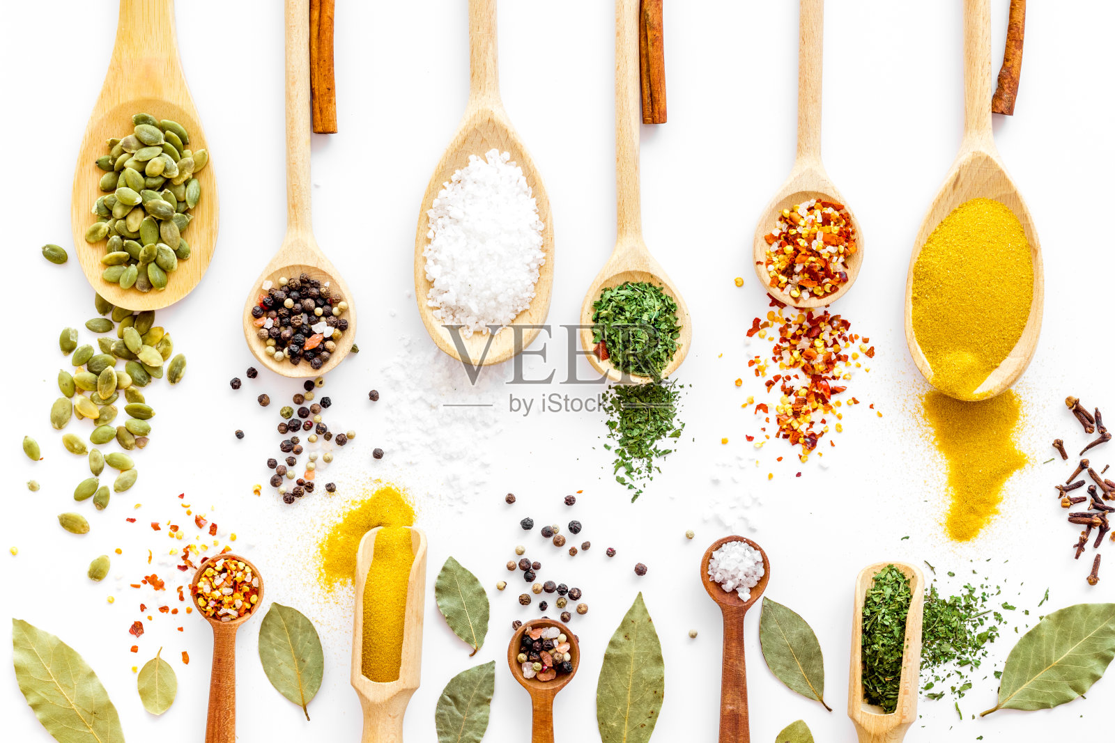 一套印度香料和香草在木制勺子，俯视图照片摄影图片