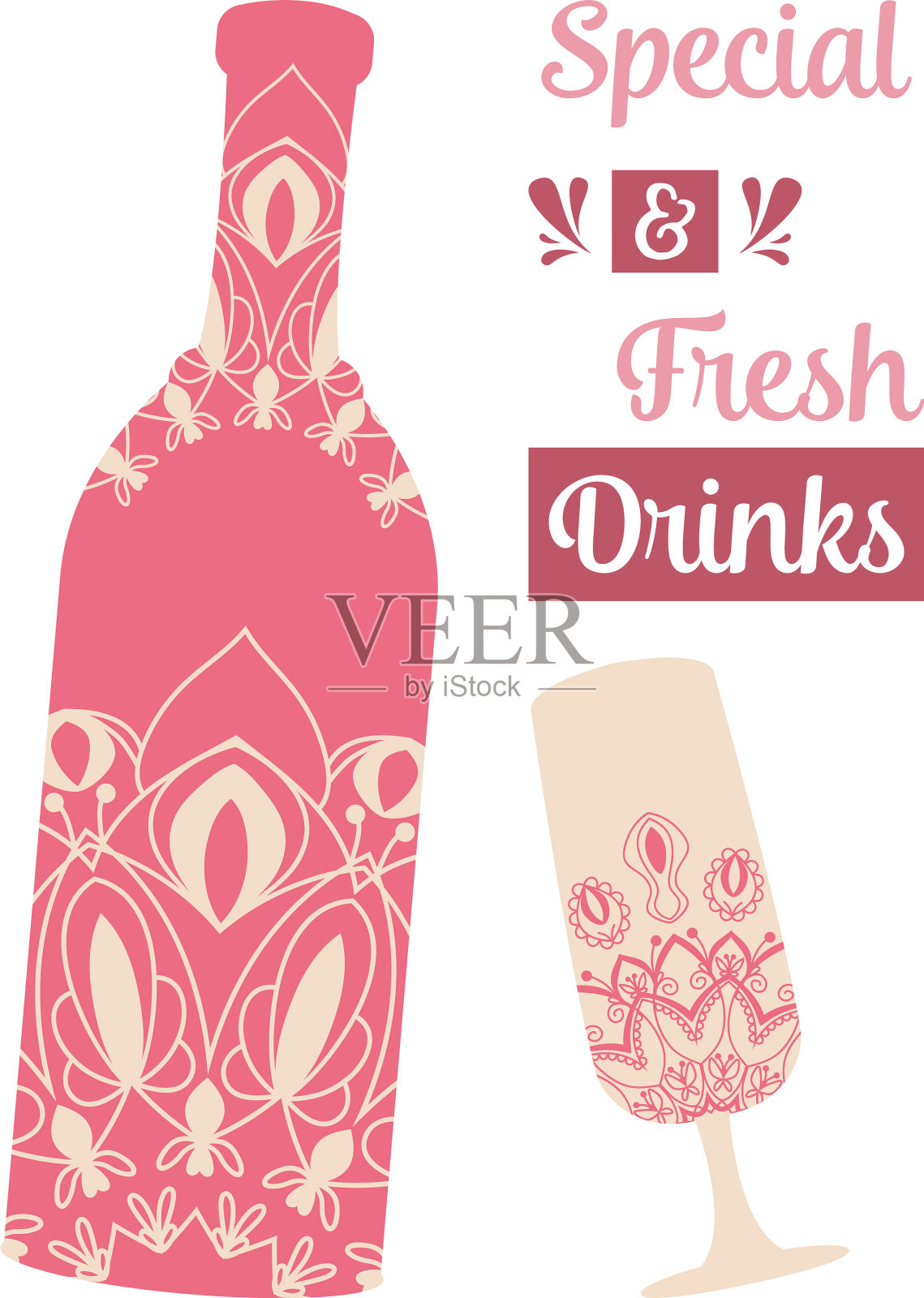 酒瓶和玻璃酒精与印度红插画图片素材