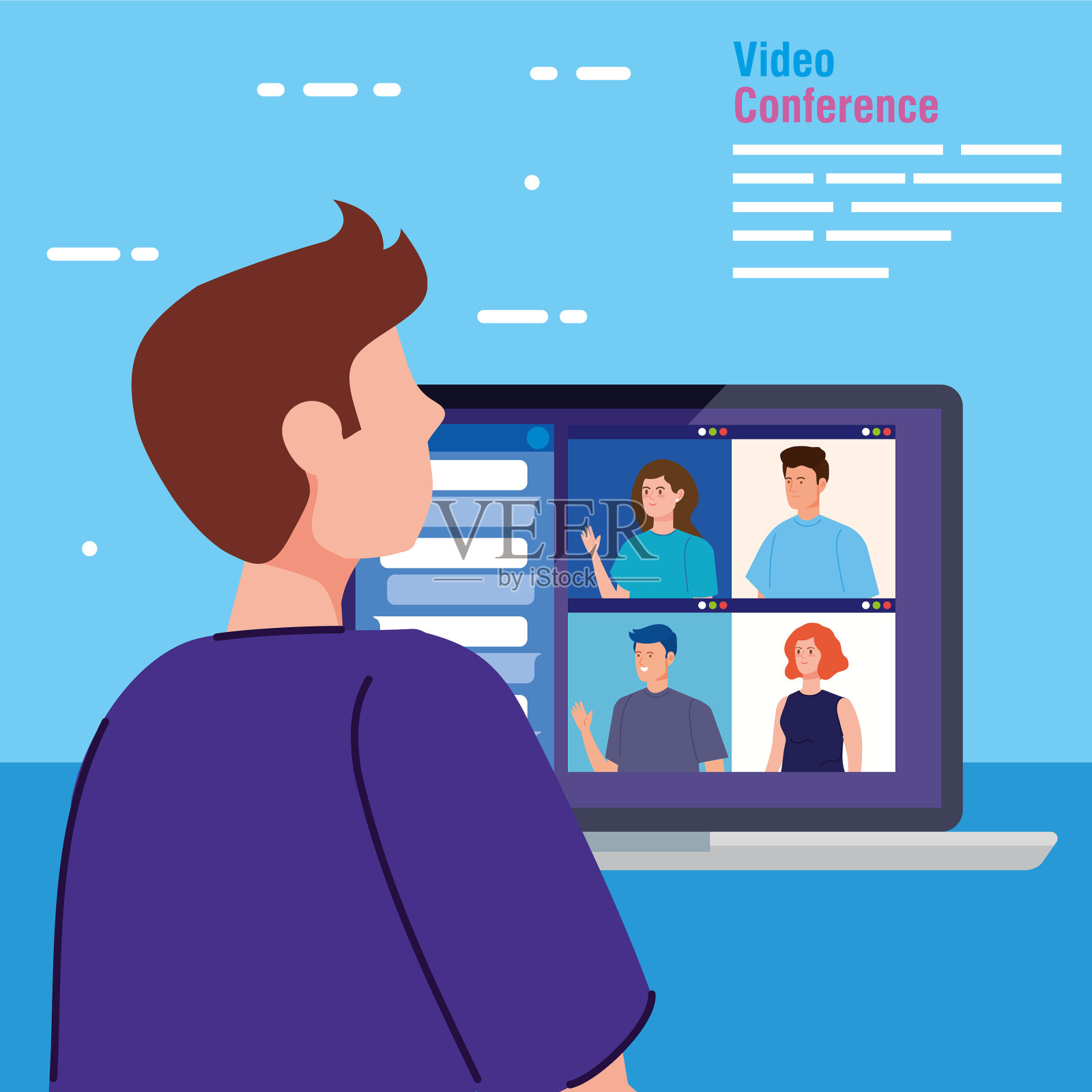 用笔记本电脑进行视频会议插画图片素材
