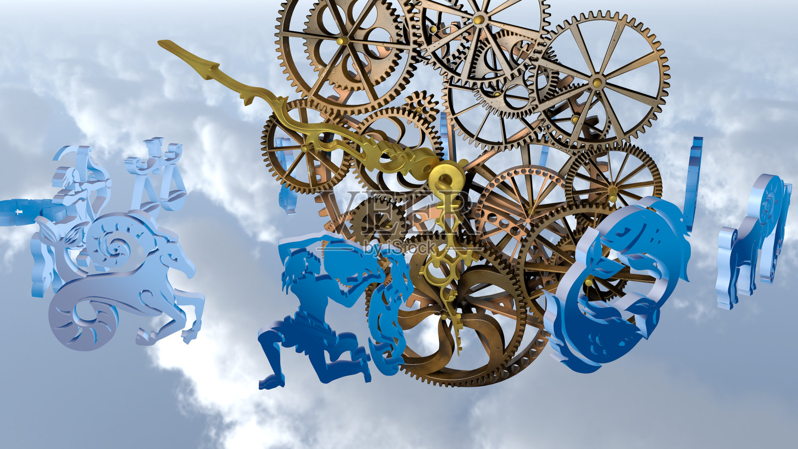 黄道星座，12个黄道星座和一个时钟装置。三维渲染照片摄影图片