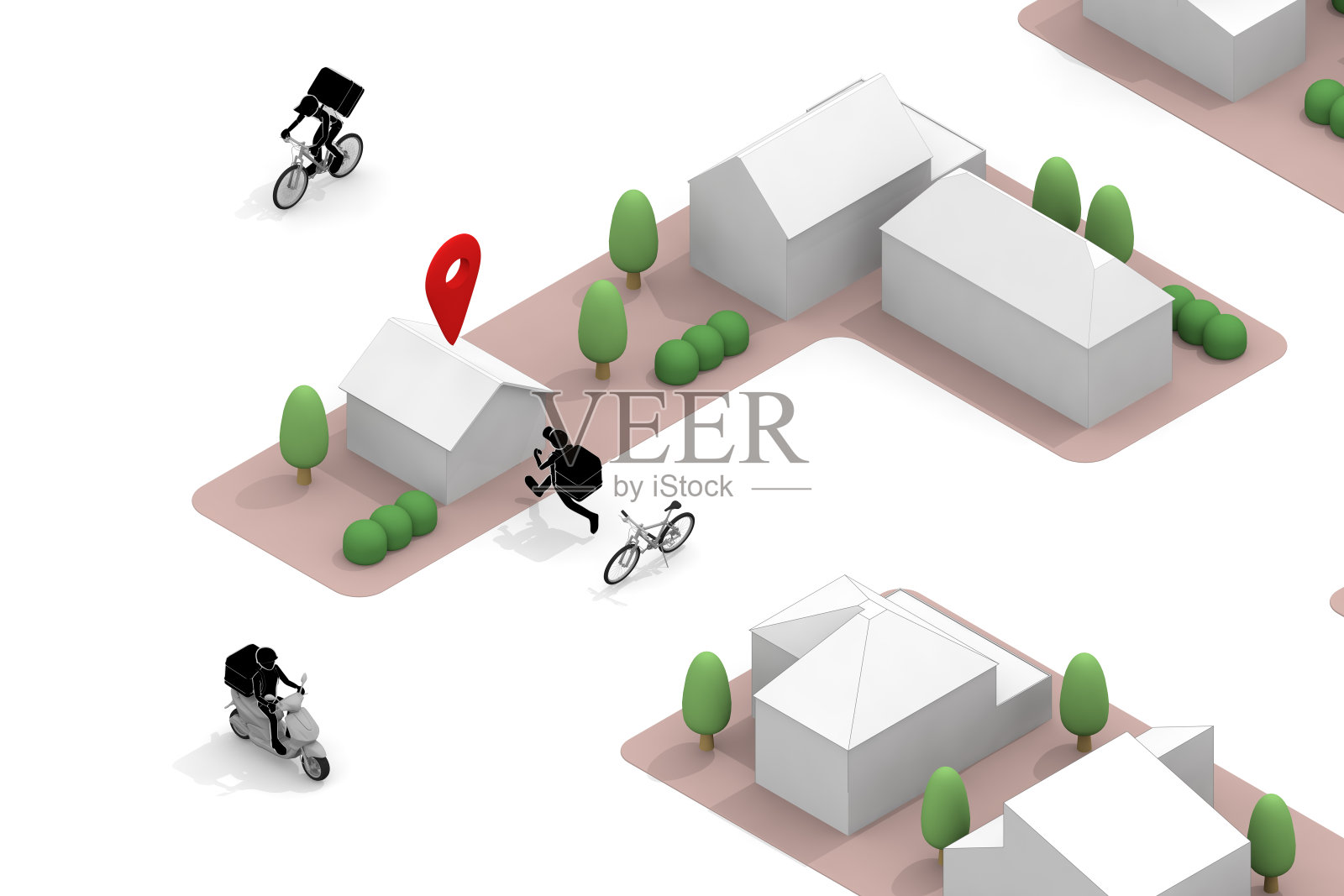 送食物的人。交付工作。城市的风景。骑自行车。照片摄影图片