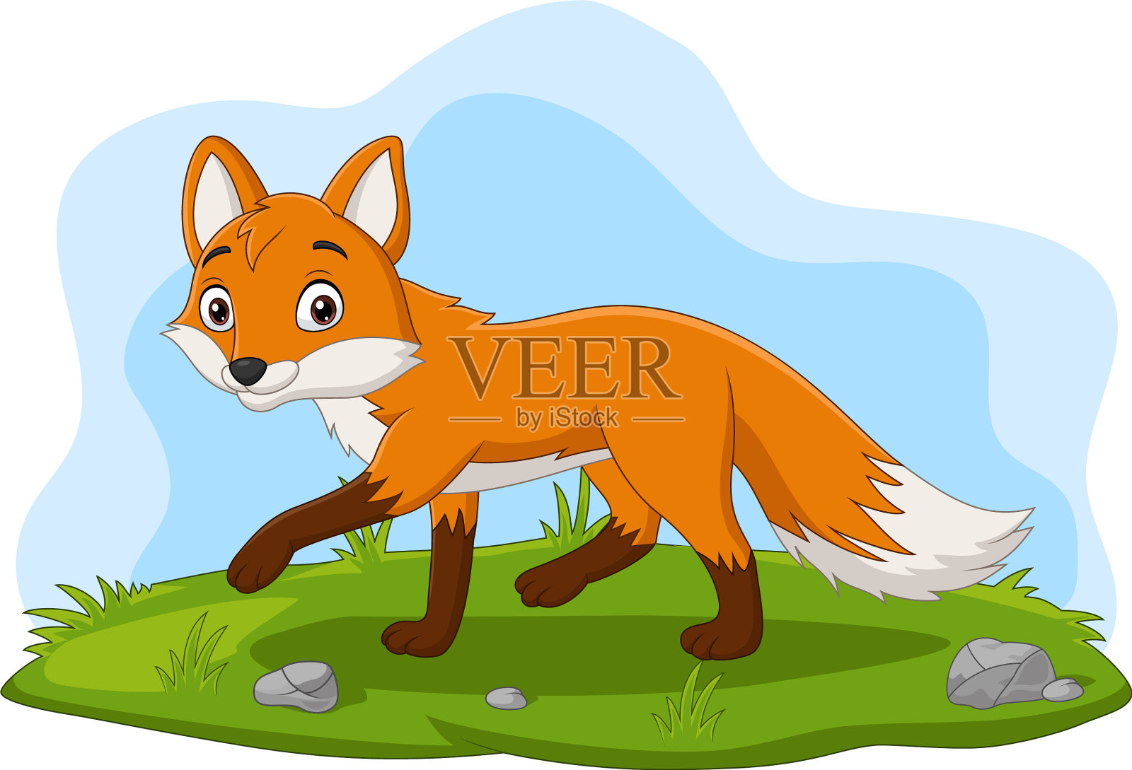 卡通快乐狐狸走在草地上设计元素图片