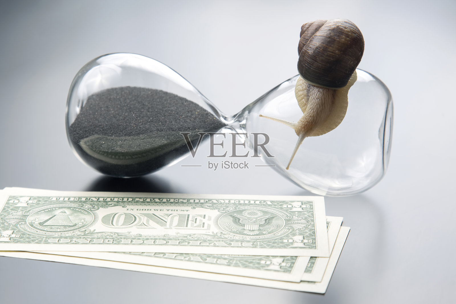 蜗牛在金钱背景下的沙漏上爬行。收入增长的速度和稳定性。工作和休息的时间。金融业务的成功。时间投资目标照片摄影图片