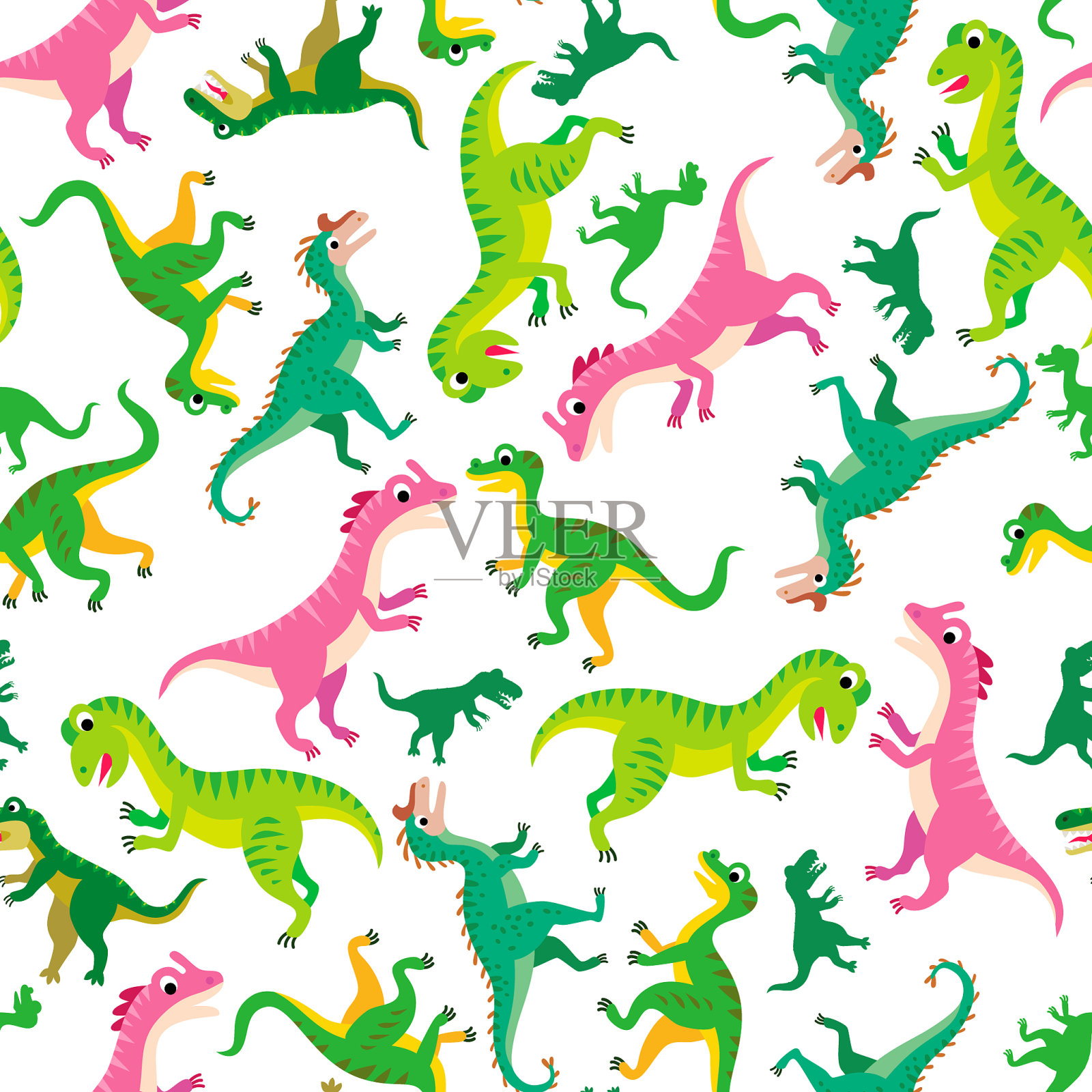 一个幼稚的恐龙和热带树叶图案插画图片素材