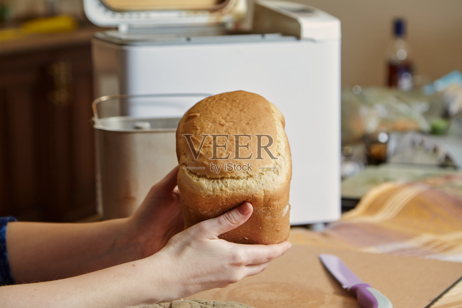 女主人保存新鲜面包从电面包机照片摄影图片