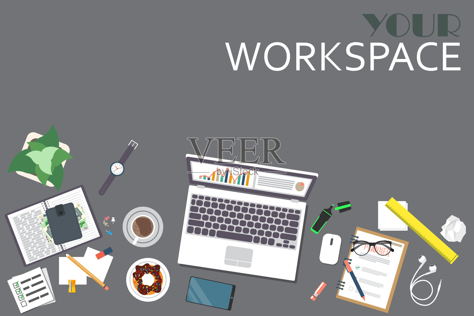 业务工作区俯视图办公室对象插画图片素材