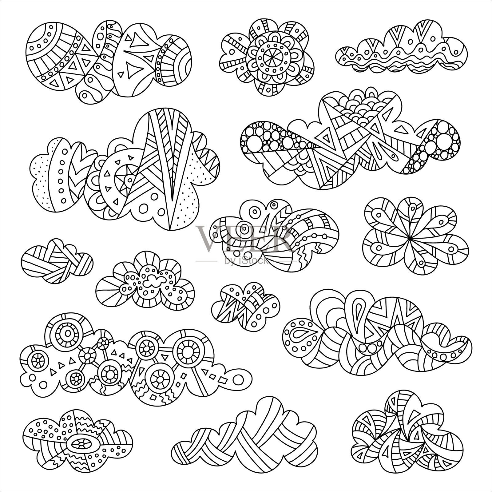 一组云彩的涂鸦。矢量插图。插画图片素材