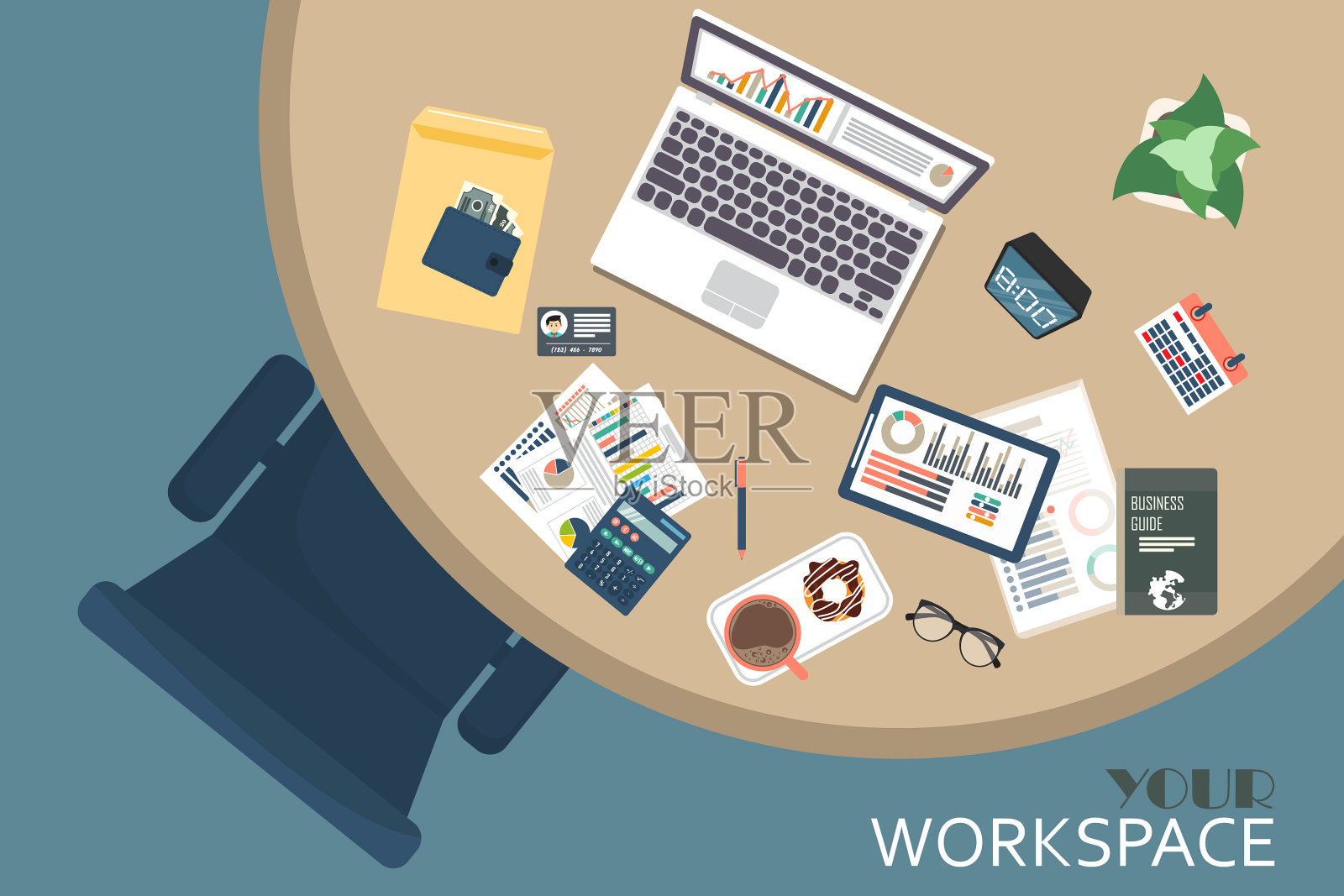 业务工作区俯视图办公室对象插画图片素材