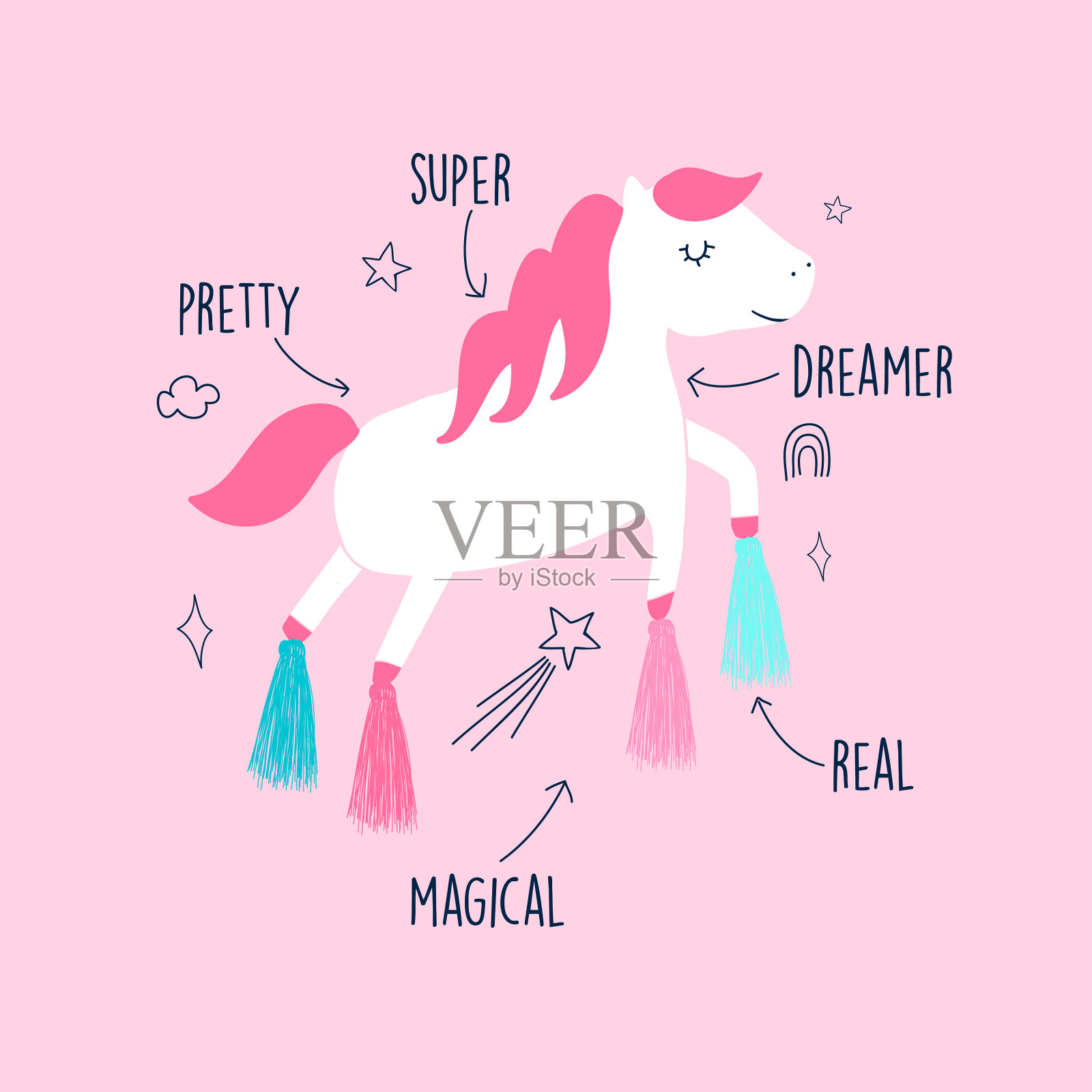 有魔法图标和口号的可爱独角兽插画图片素材