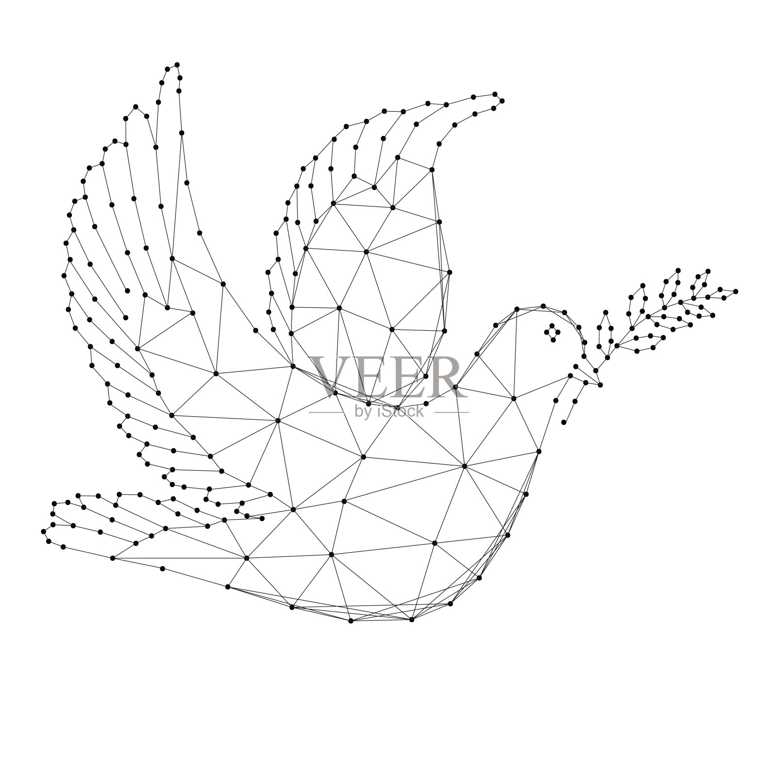 鸽枝-国际和平日的象征，由抽象的未来主义多边形黑线和点。矢量插图。插画图片素材