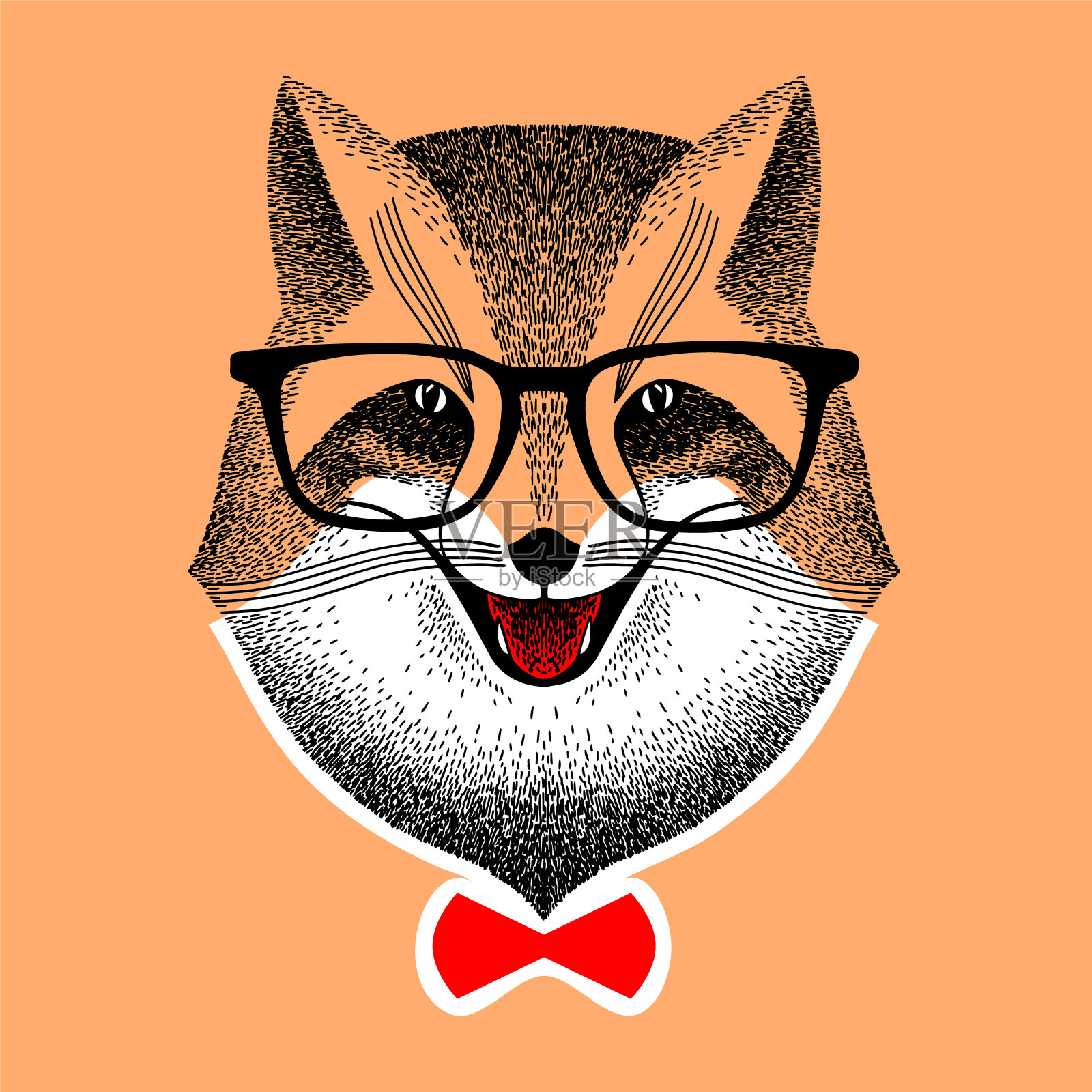 戴眼镜的红狐肖像。戴着红色领结的脸狐狸。狡猾的狐狸微笑着。潮人的风格。程式化的向量。素描海报，印刷或t恤。设计元素图片