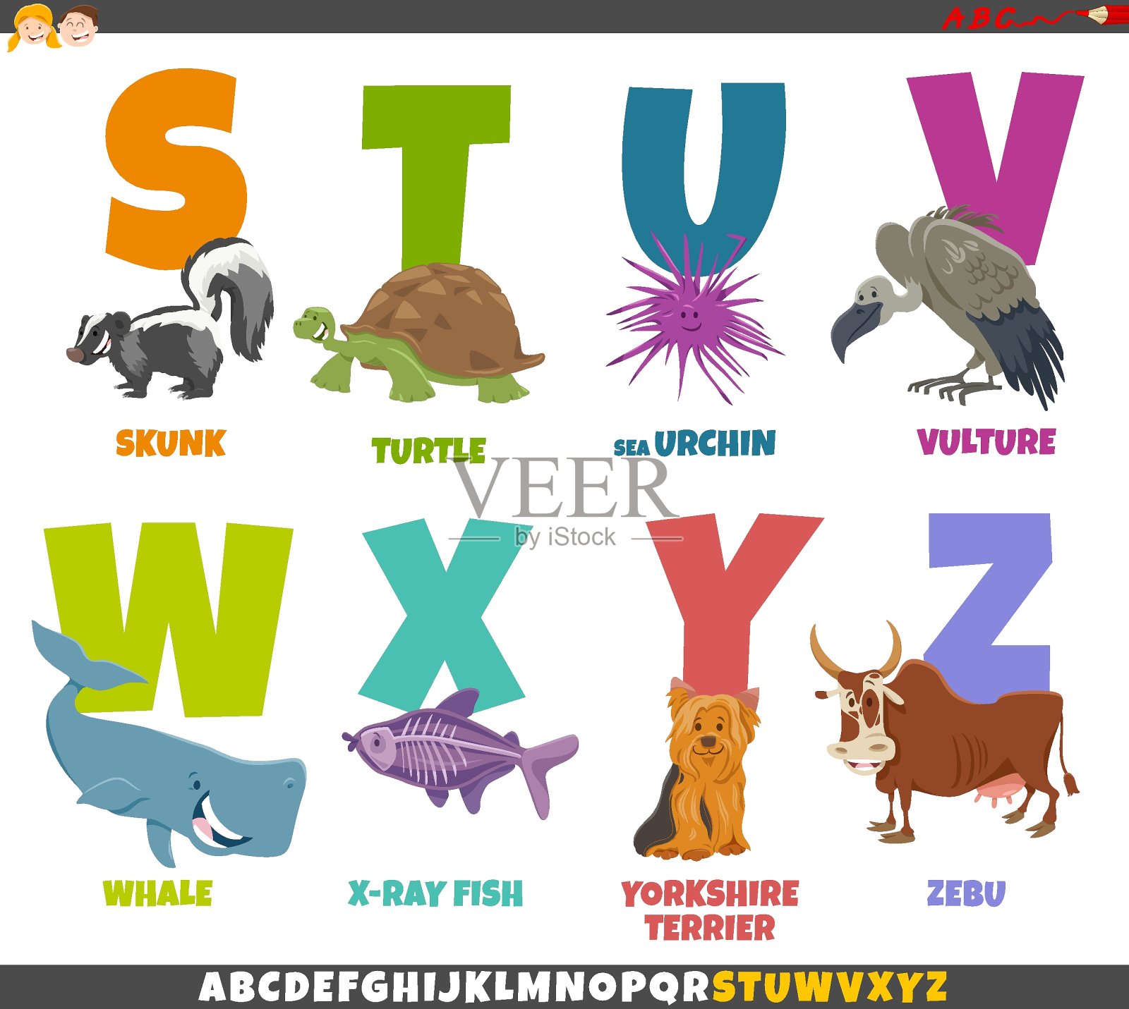 教育卡通字母表与动物的角色插画图片素材