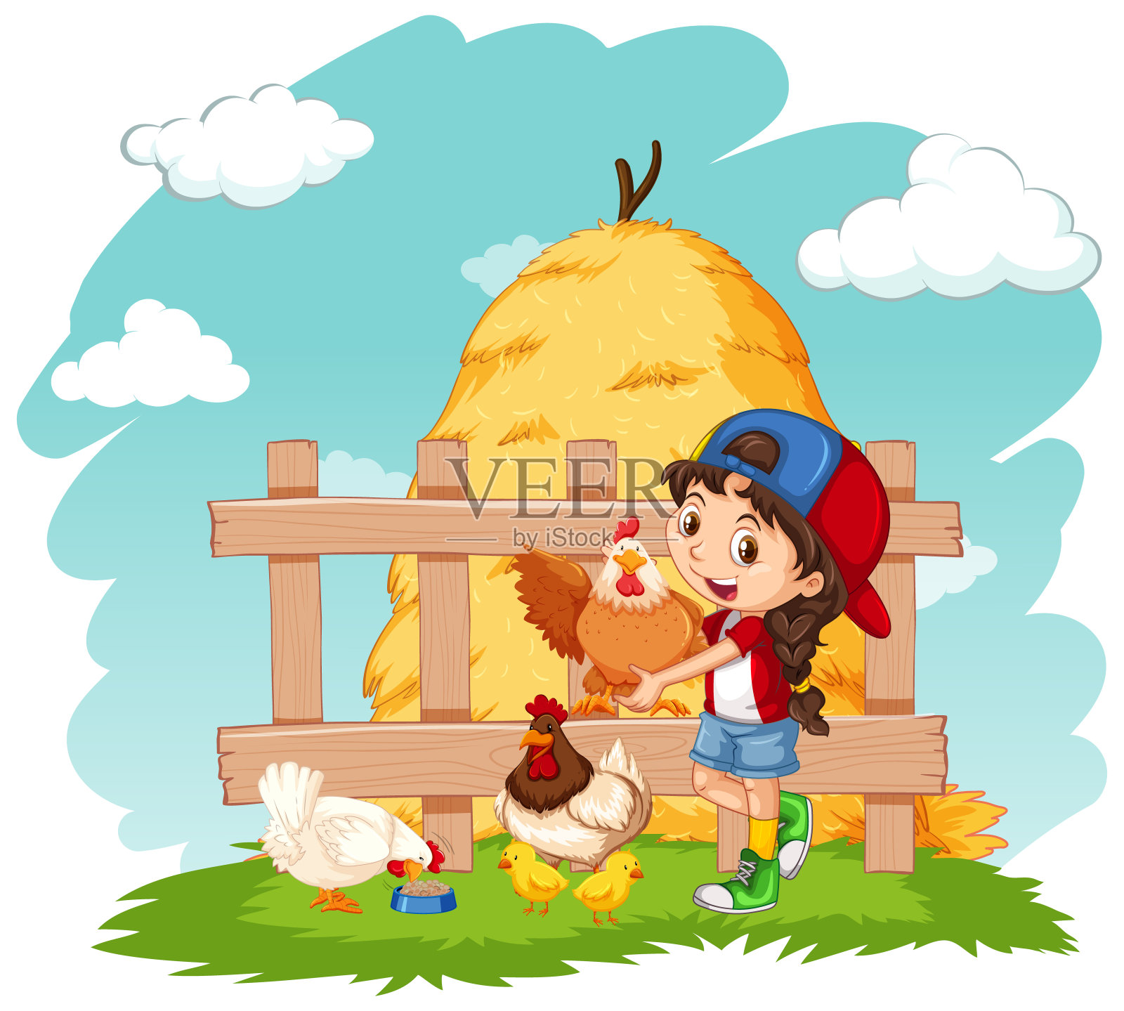 快乐的女孩和农场里的小鸡插画图片素材