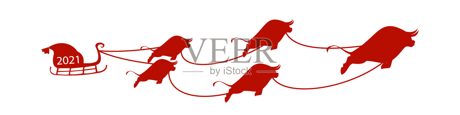 白色背景上的红色大雪橇和公牛的圣诞挽具，公牛的2021年插画图片素材