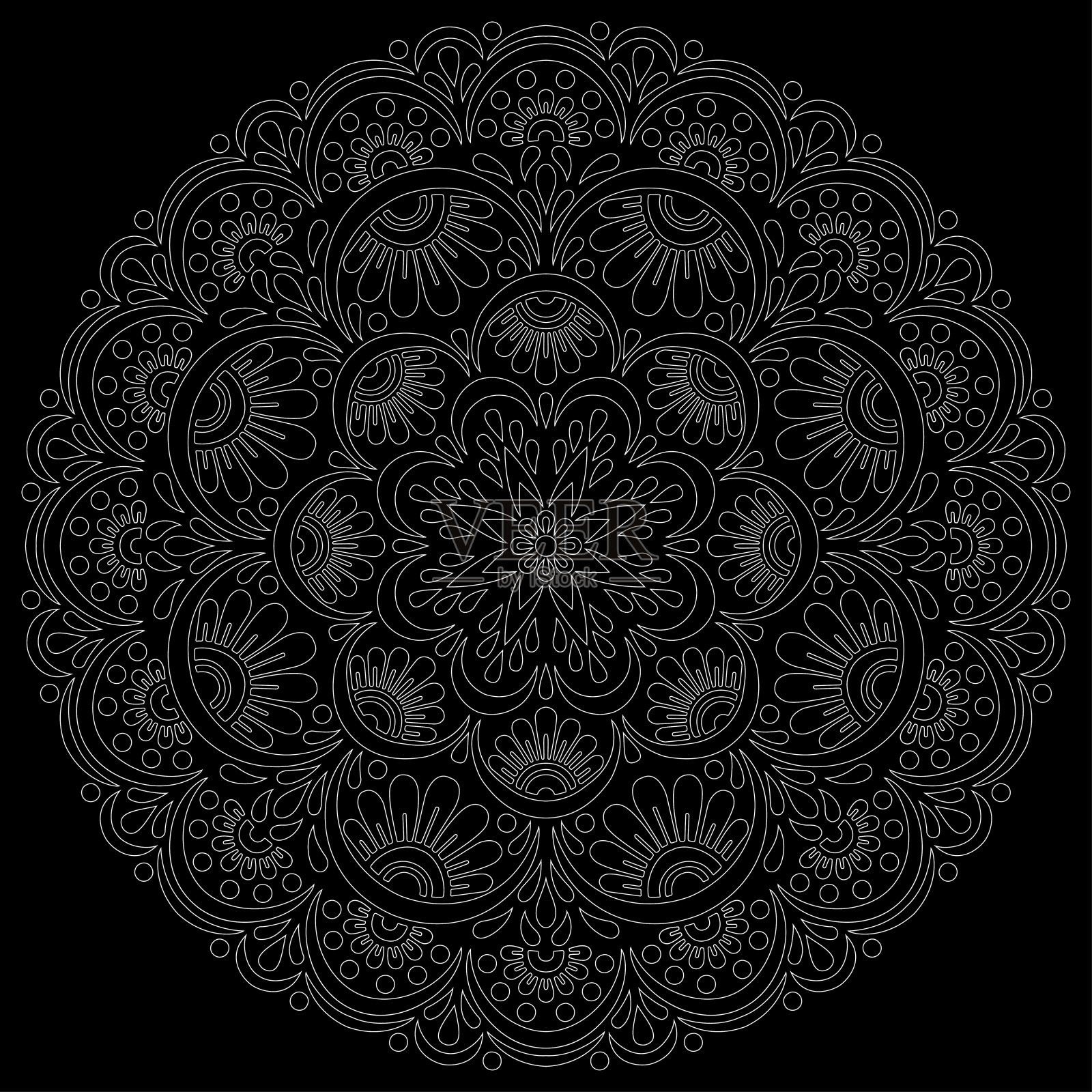 白色轮廓曼荼罗在黑色涂鸦素描插画图片素材