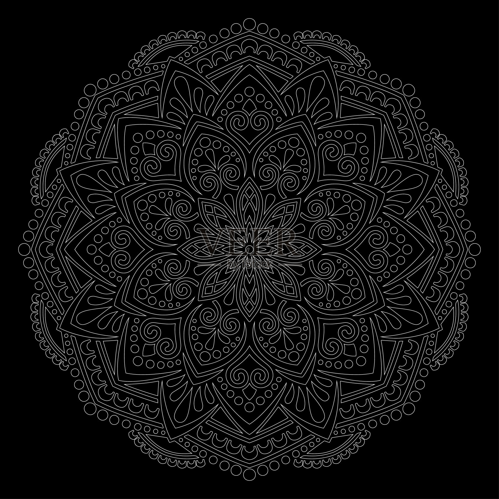 白色轮廓曼荼罗在黑色涂鸦素描插画图片素材