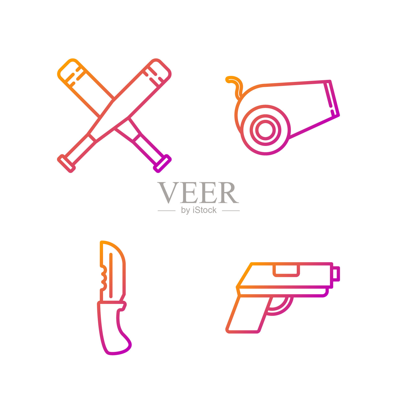 手枪或枪，军刀，交叉棒球棒和大炮。渐变颜色图标。向量插画图片素材