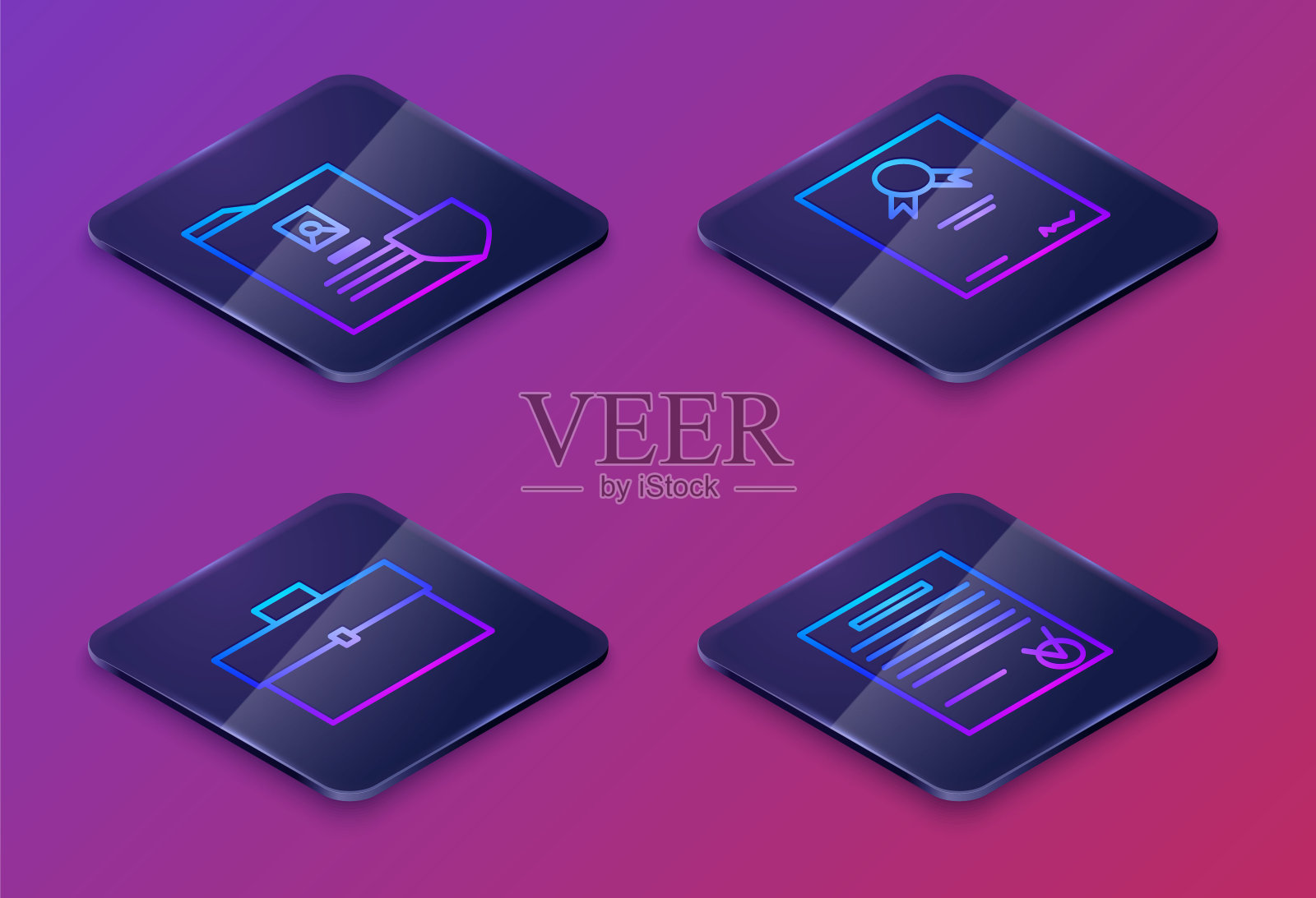 设置“等距线文件”，包括屏蔽、公文包、证书模板、确认文件和检查标记。蓝色方块按钮。向量图标素材