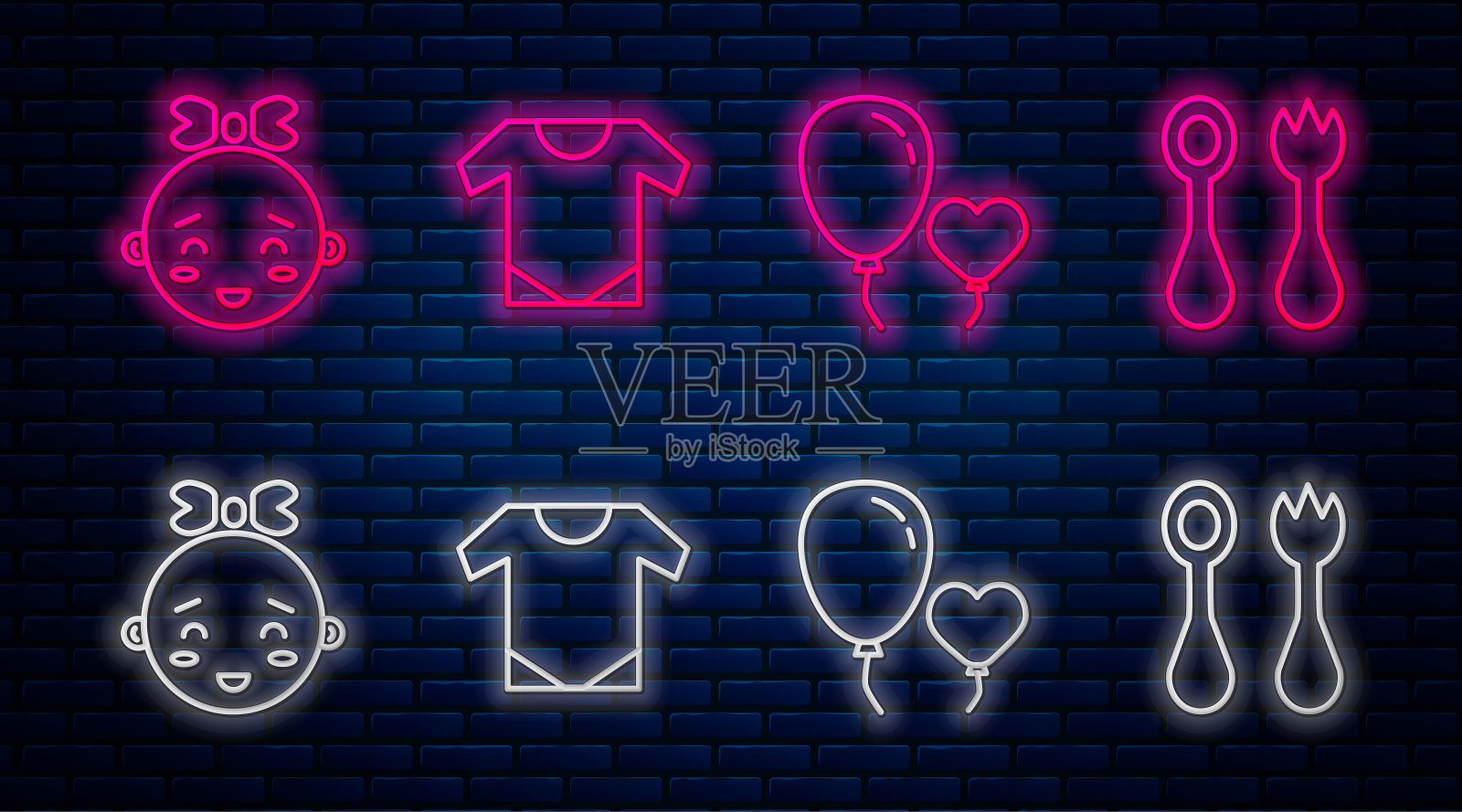 宝宝连体衣，气球心形，快乐小女孩头和宝宝刀叉勺。砖墙上发光的霓虹灯图标。向量插画图片素材