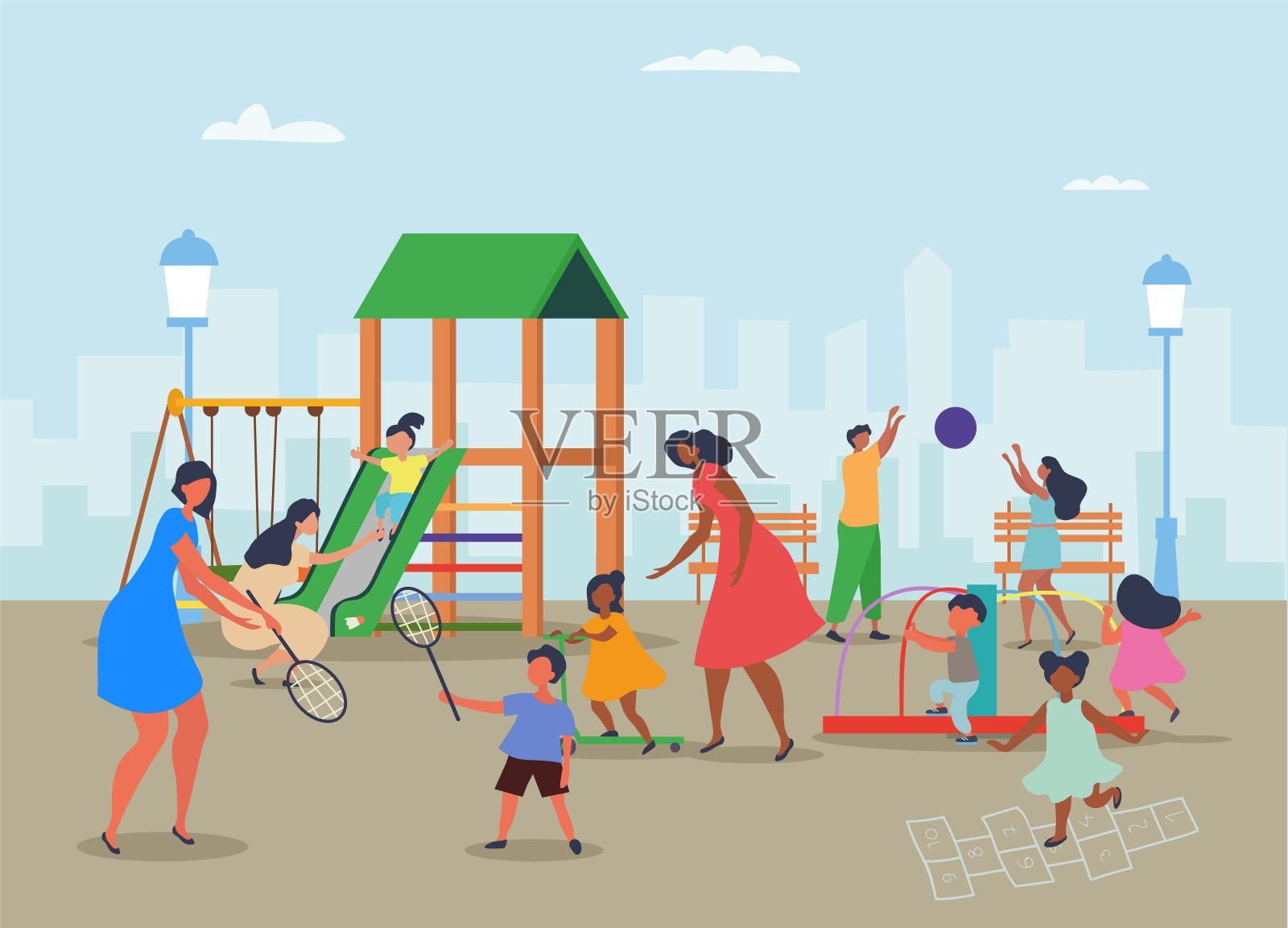 不同的妈妈带着孩子在操场上插画图片素材
