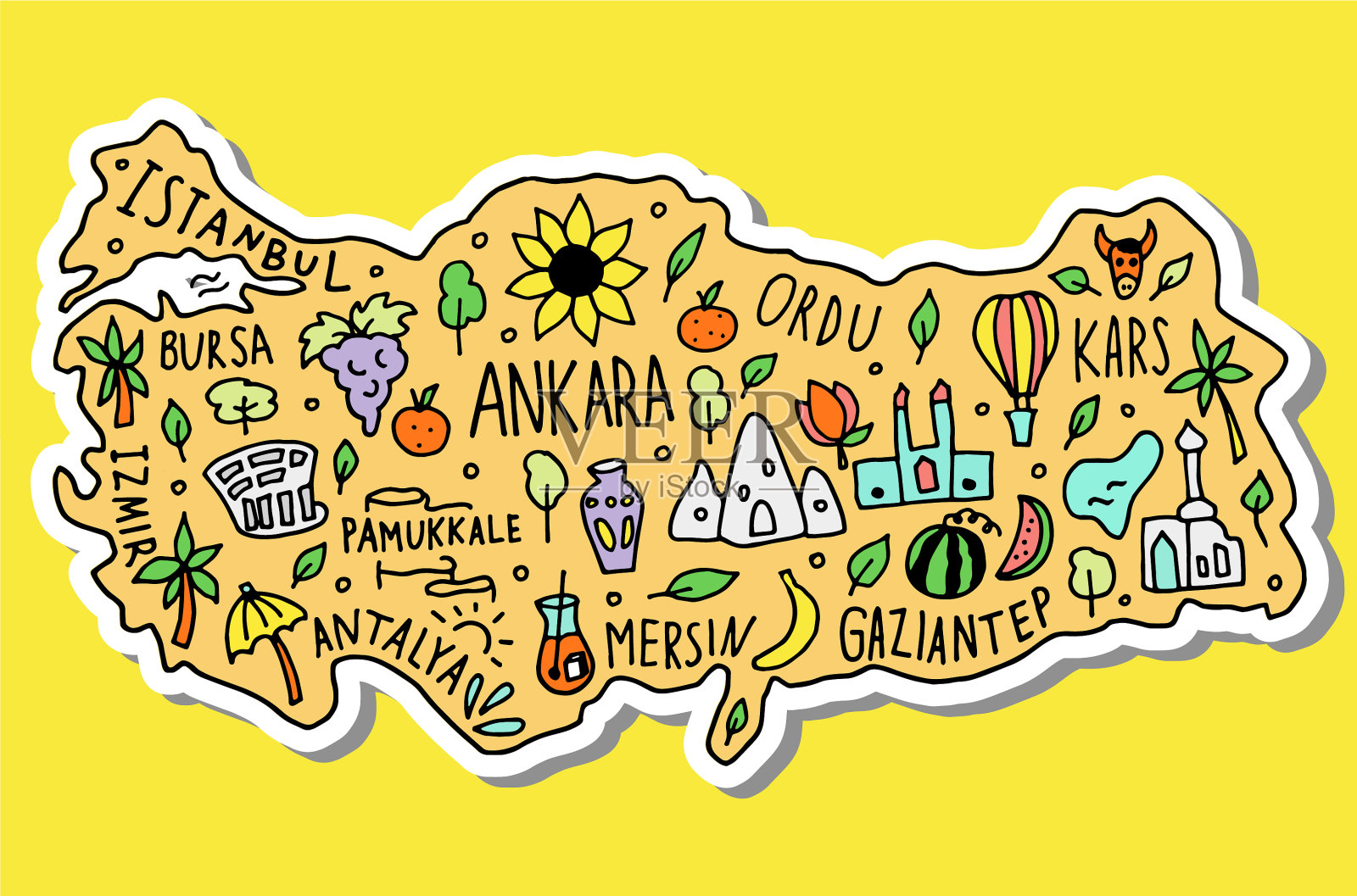彩色贴纸手绘涂鸦土耳其地图插画图片素材