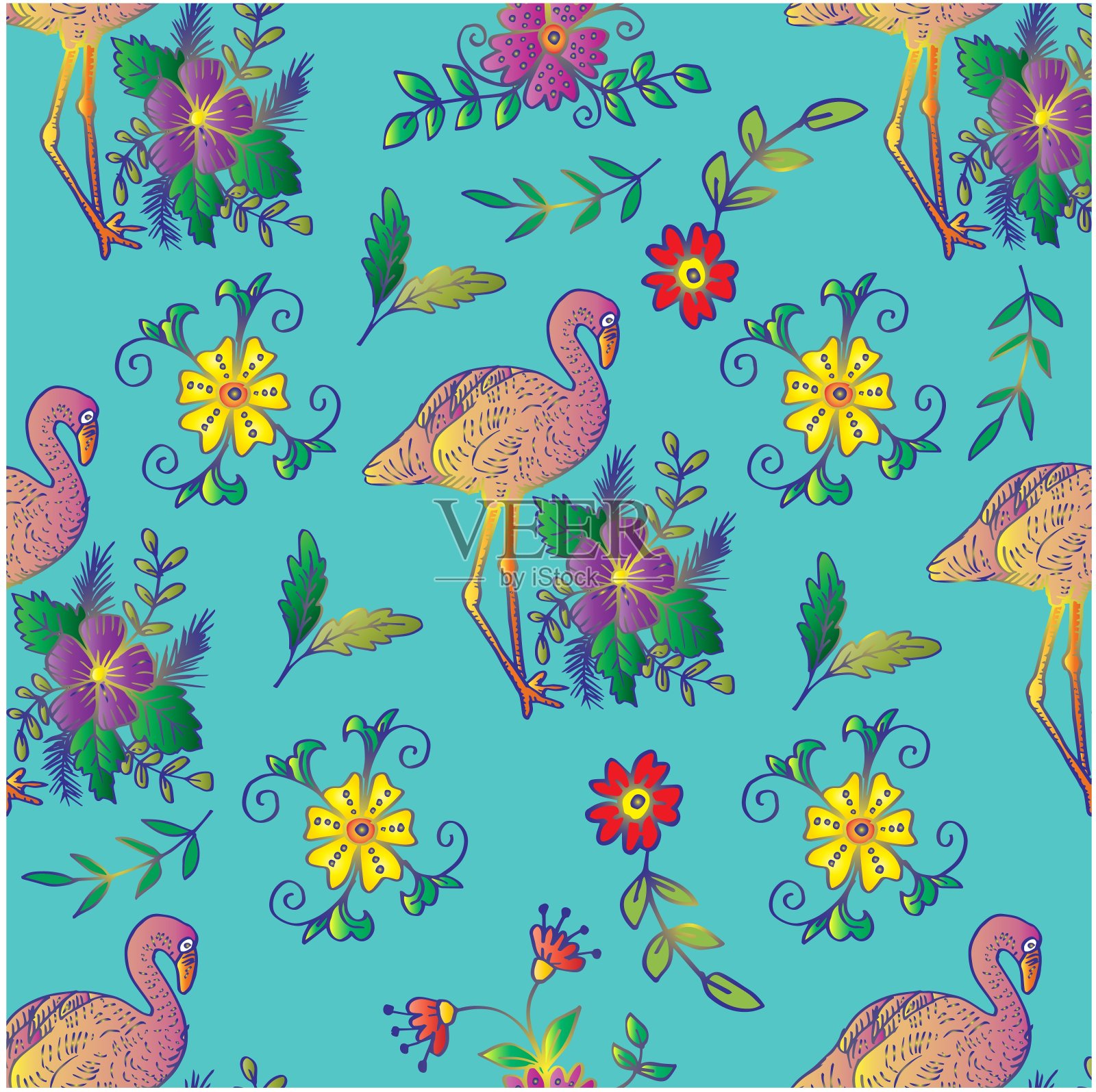 无缝图案与火烈鸟和花。插画图片素材