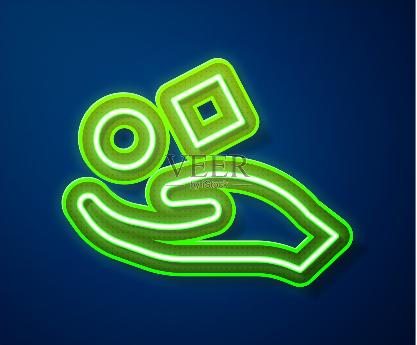 发光的霓虹线立方体悬浮在手上的图标插画图片素材