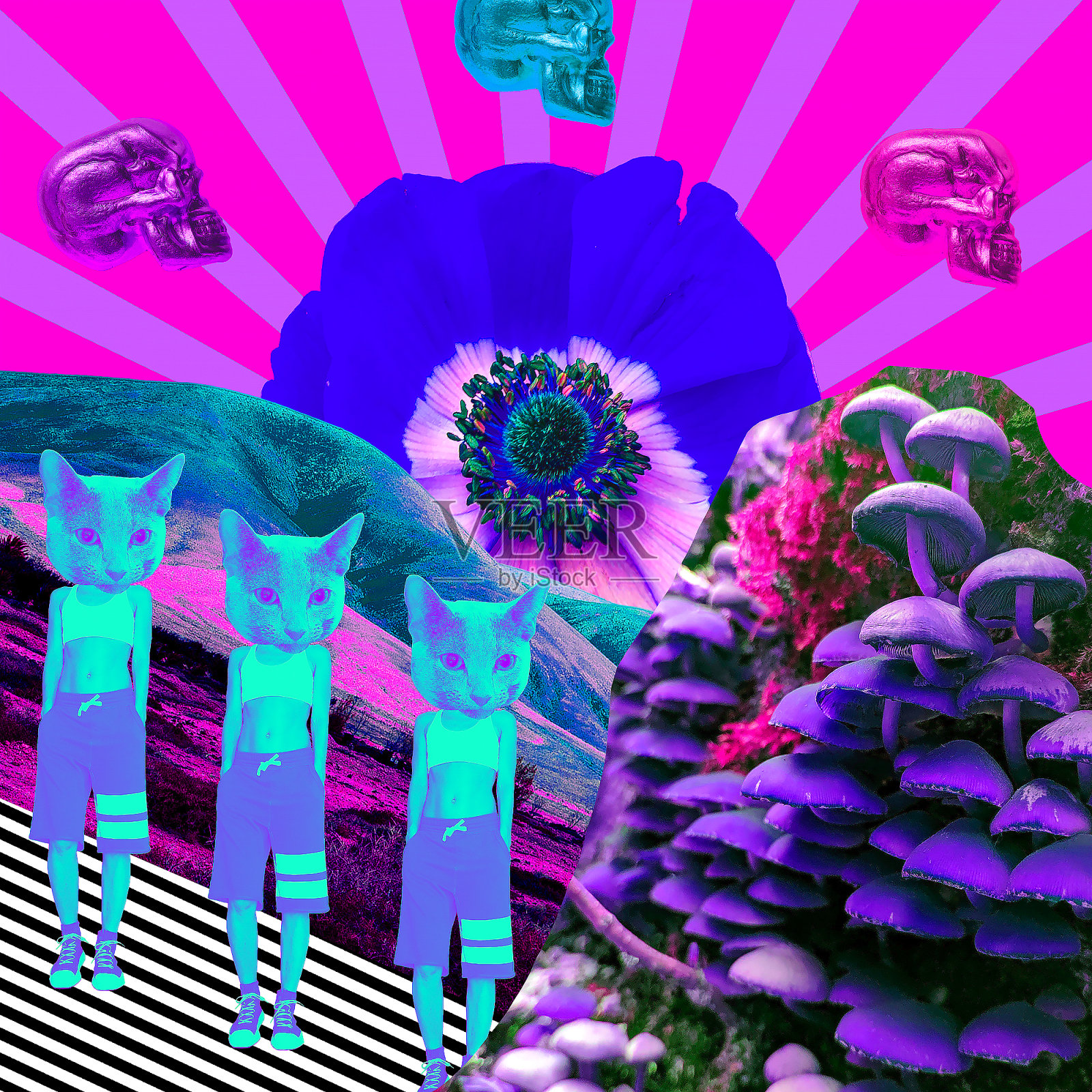 当代艺术拼贴。迷幻、幻觉、蘑菇有创造力插画图片素材