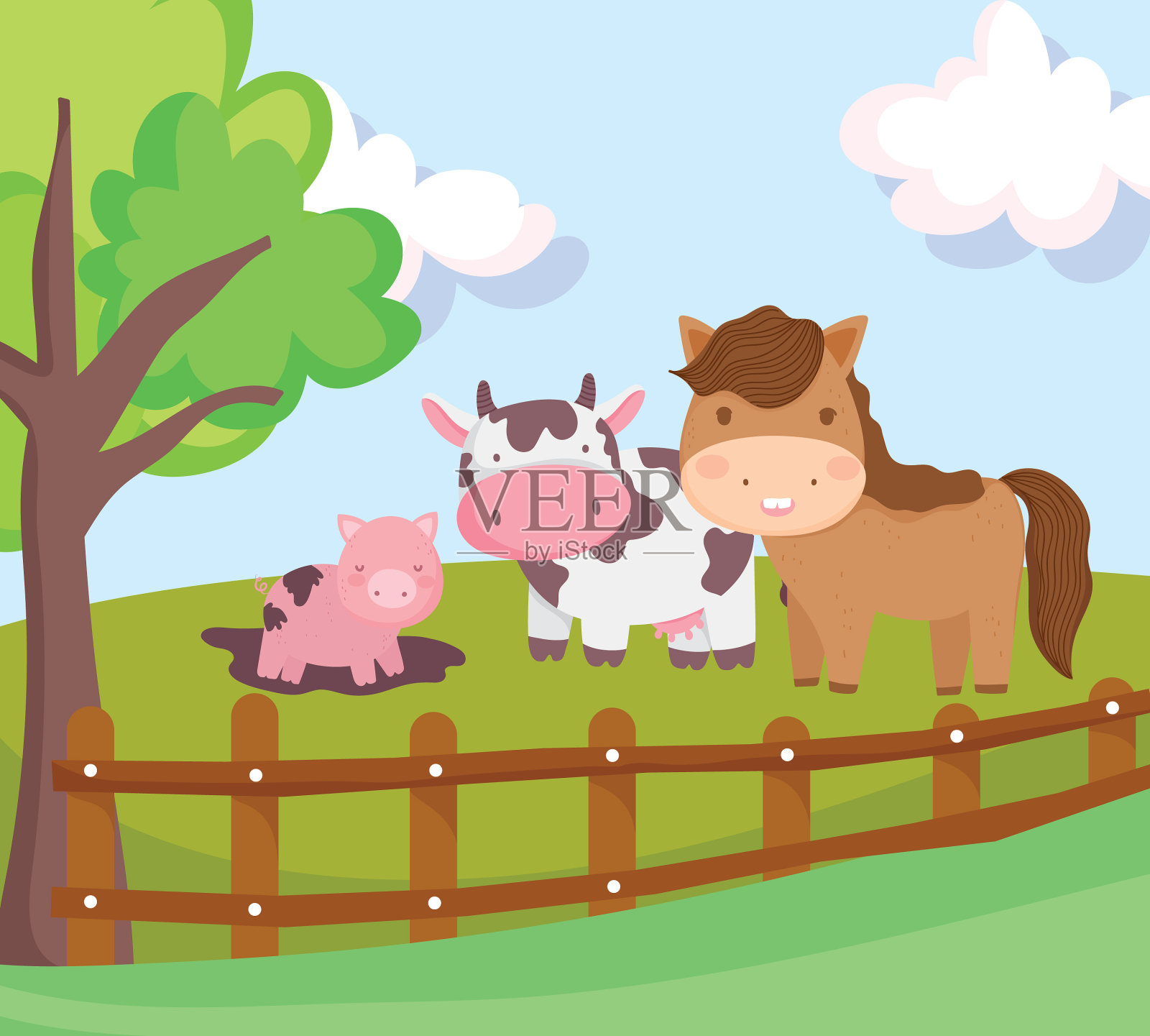 农场动物，马，牛和猪在泥篱笆树插画图片素材