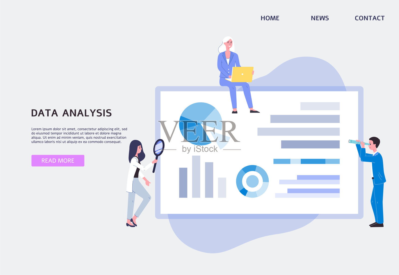 数据分析网站横幅与人分析图表，平面矢量插图。插画图片素材