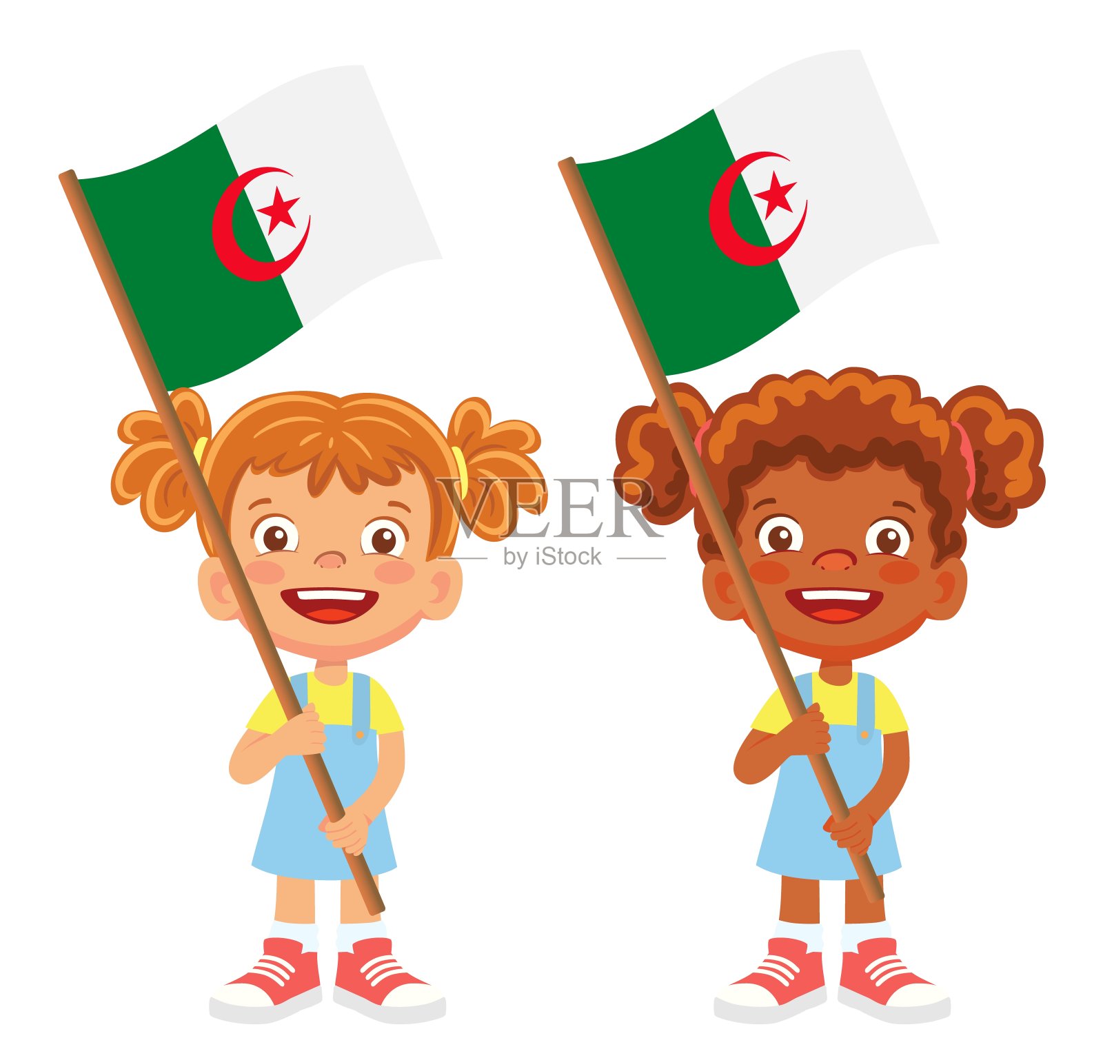 手持阿尔及利亚国旗的儿童插画图片素材