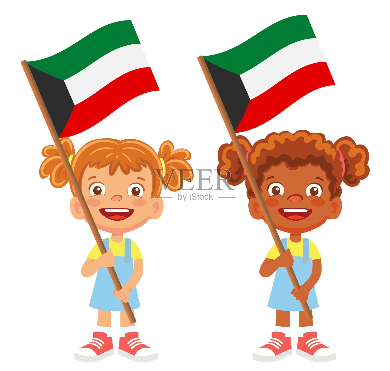 手持科威特国旗的儿童插画图片素材