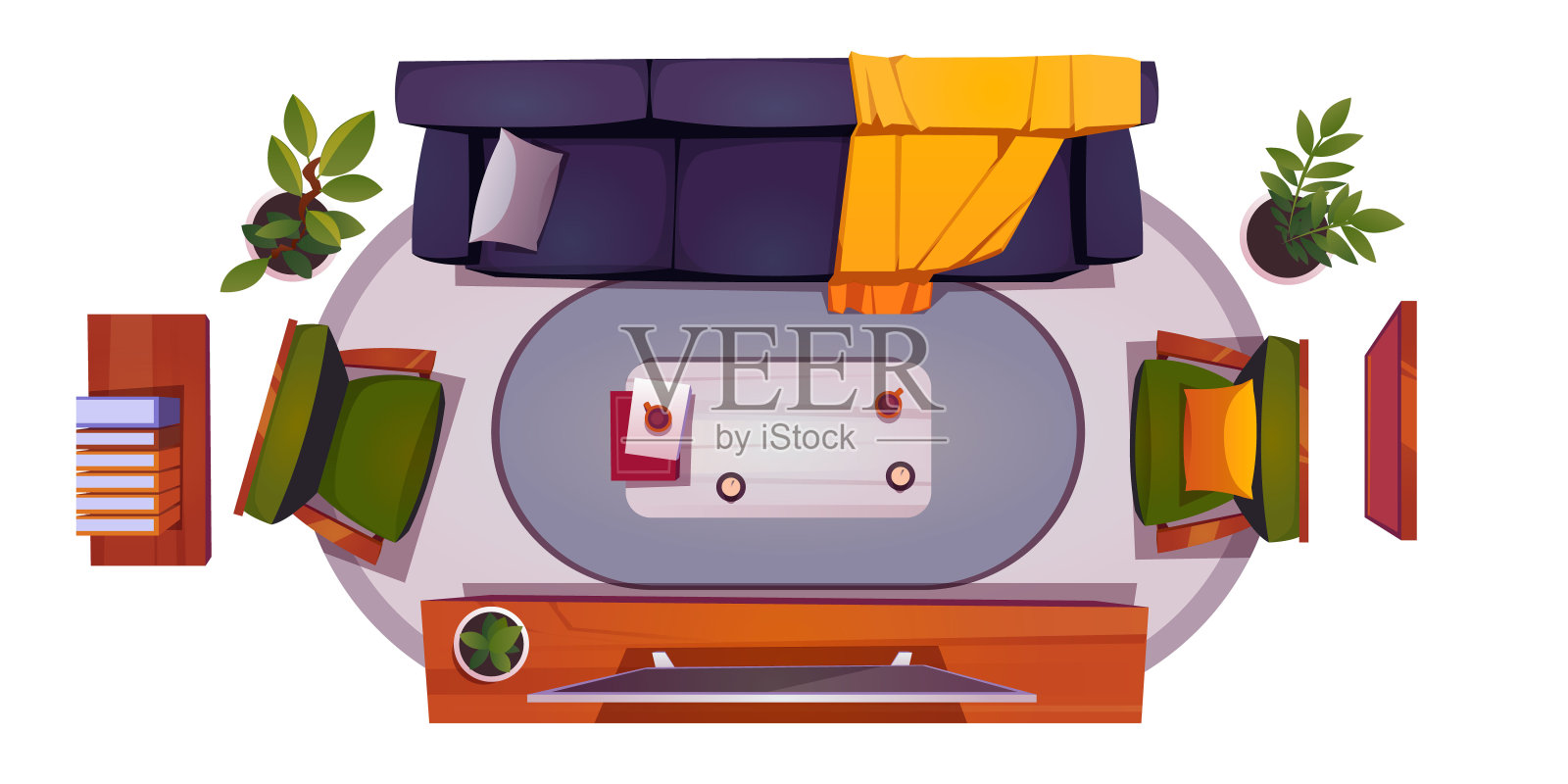 客厅内景，沙发和电视插画图片素材