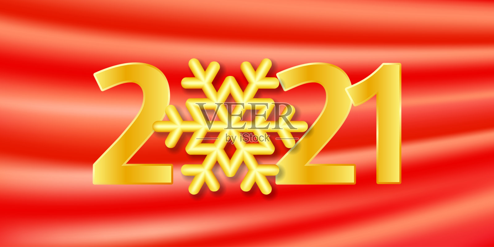 2021年新年快乐。金色数字2021和雪花在红色缎子织物上插画图片素材