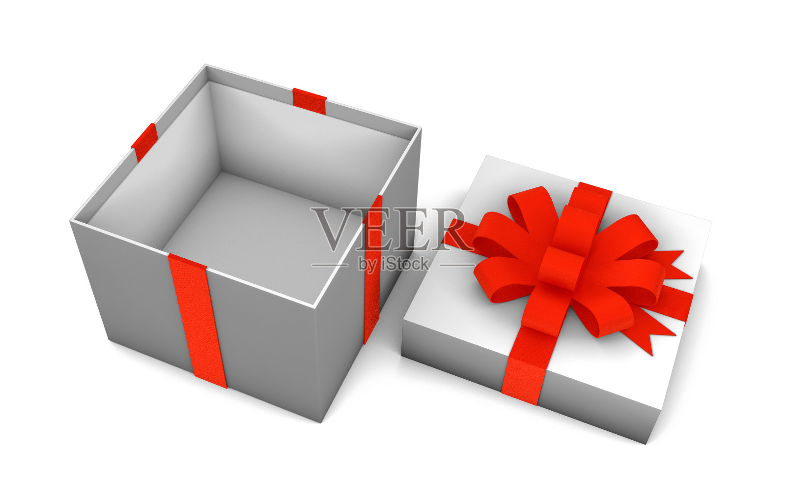 打开空盒子的礼物与红色丝带孤立的白色背景。3 d渲染。模型照片摄影图片