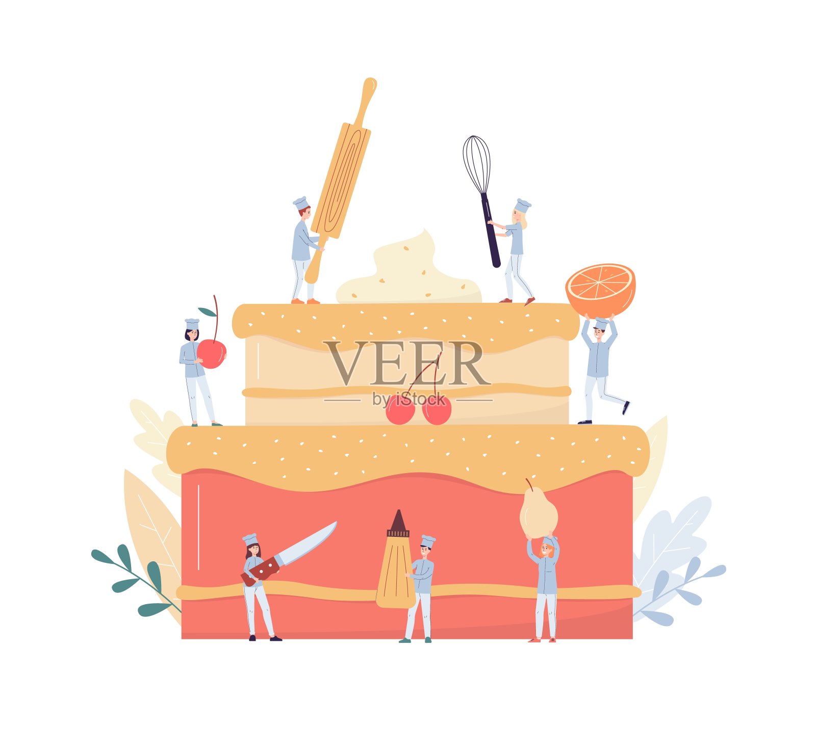 小糕点师和面包师装饰蛋糕平面矢量插图孤立。插画图片素材