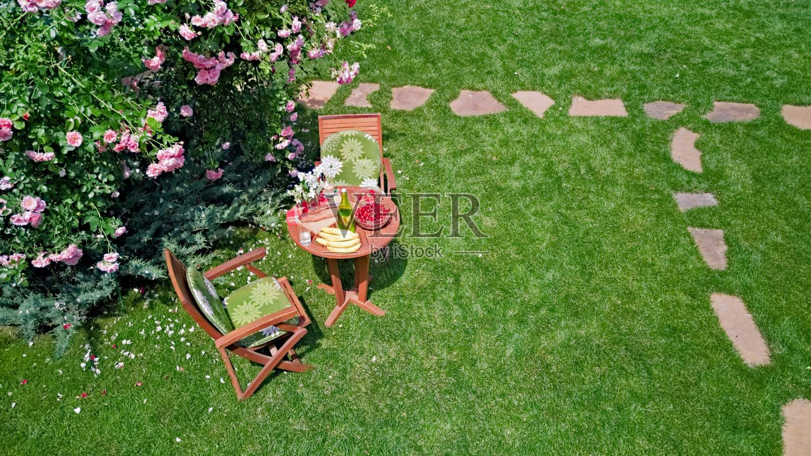在美丽的夏日玫瑰园里，面包、草莓和水果装饰了餐桌，从空中俯瞰浪漫的约会餐桌，两人的食物设置照片摄影图片