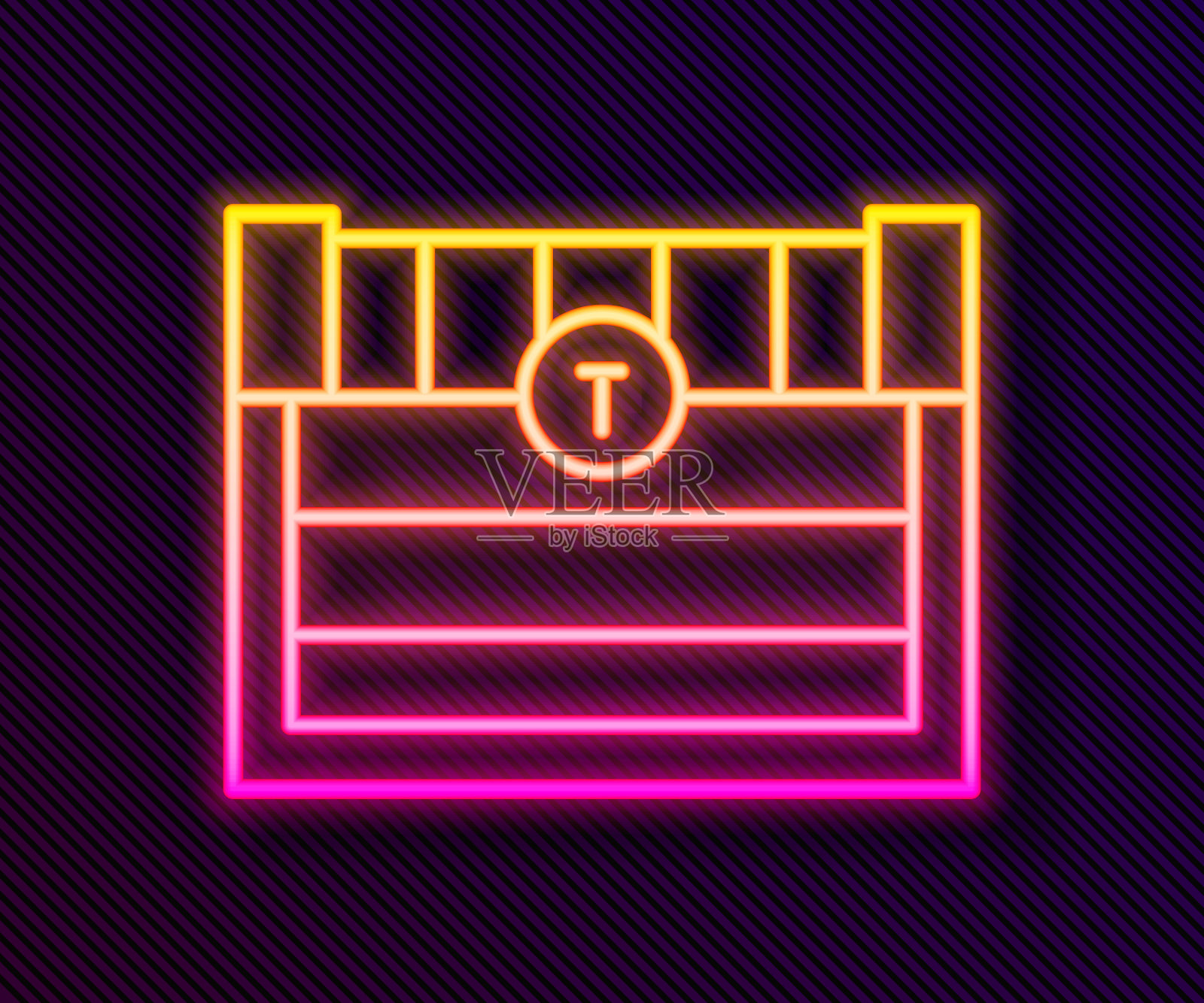 发光的霓虹灯线古董宝箱图标孤立在黑色的背景。古董木箱与黄金硬币。向量插画图片素材