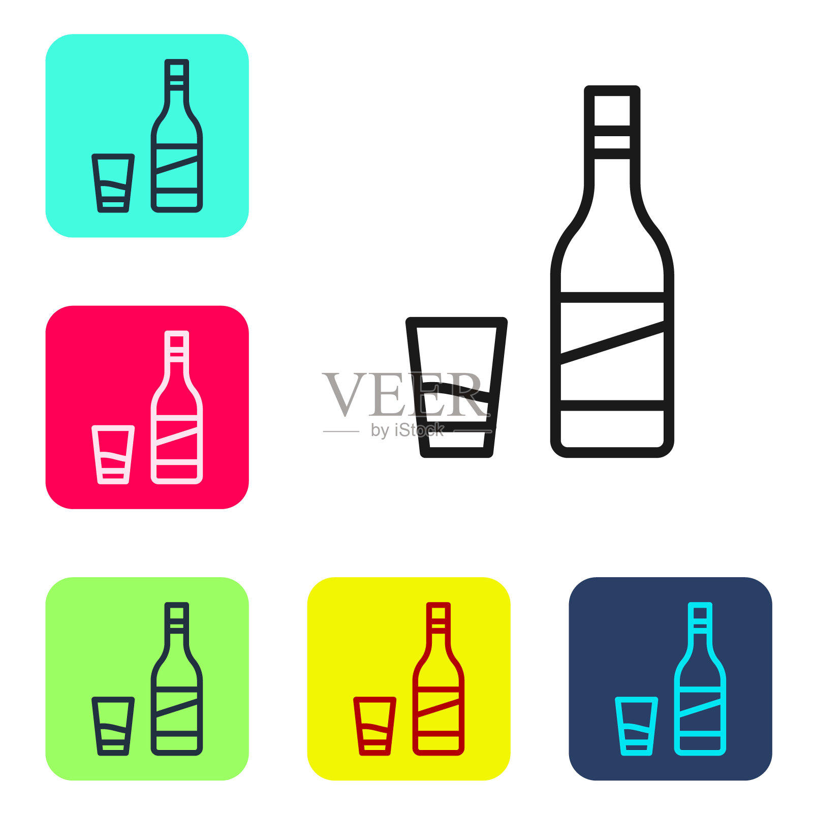 黑色线条伏特加酒瓶与玻璃图标孤立在白色背景。设置图标的颜色方形按钮。向量图标素材