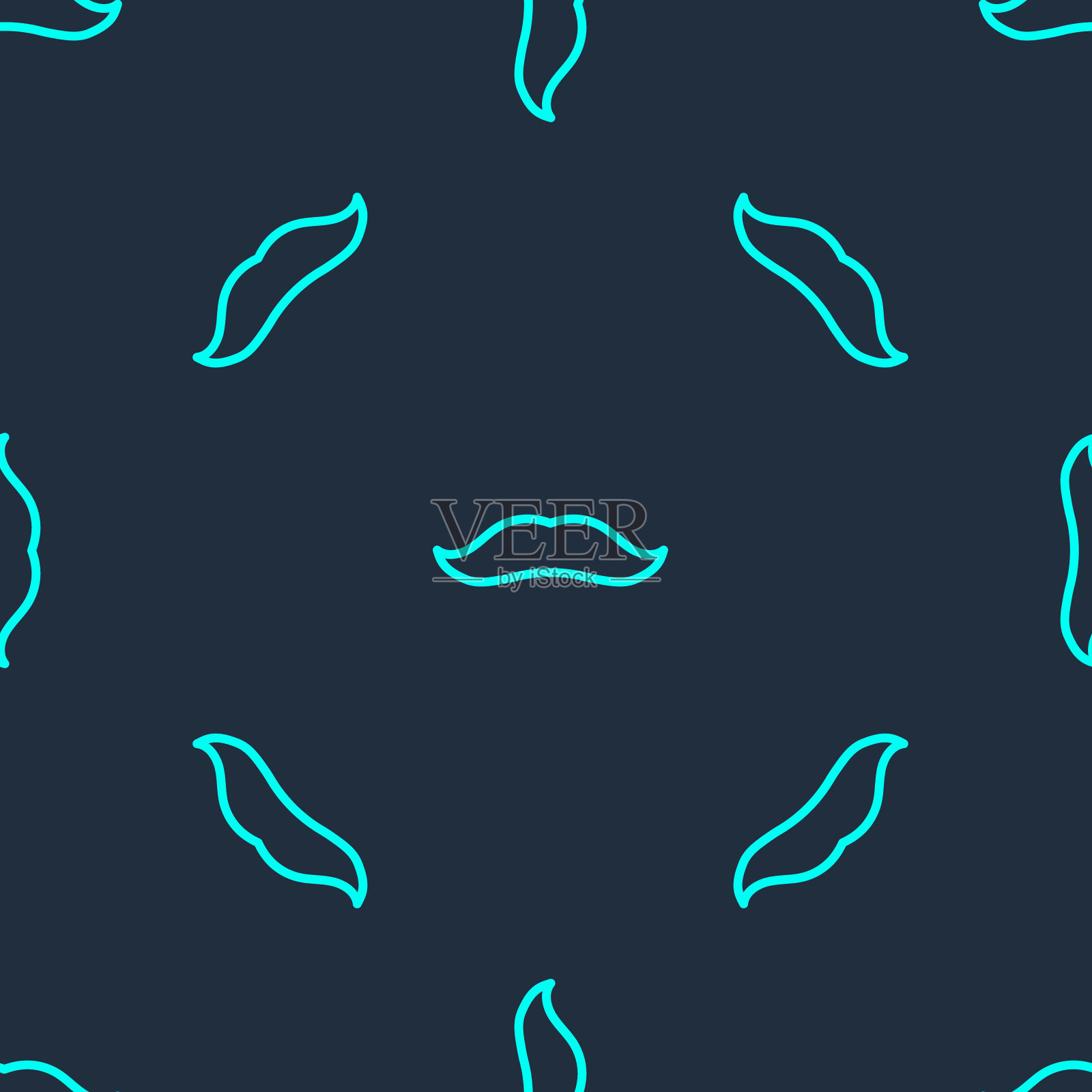 绿色线胡子图标孤立无缝模式在蓝色背景。理发店的标志。面部发型。向量插画图片素材