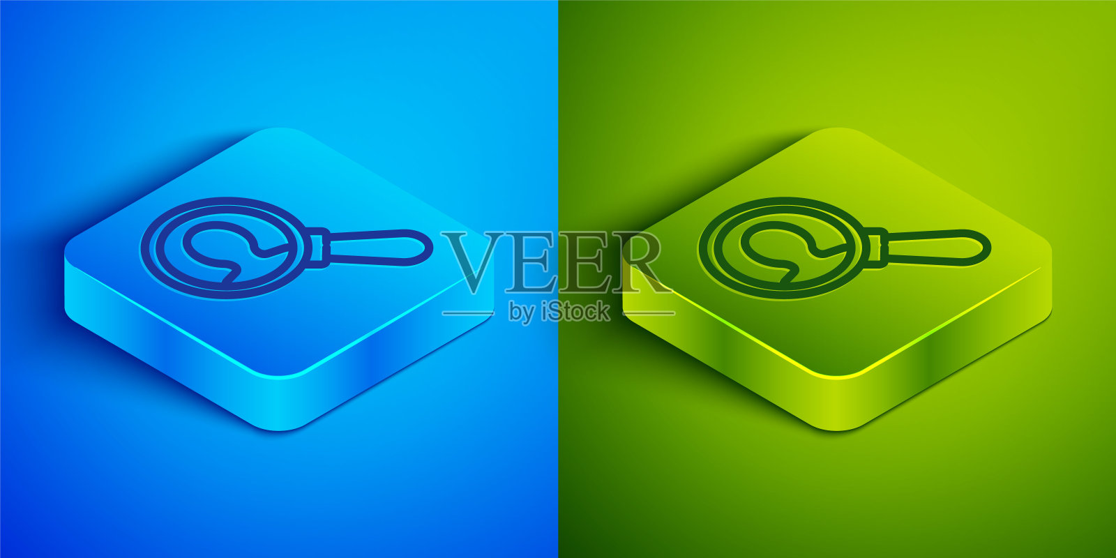 等距线放大镜搜索人图标孤立在蓝色和绿色背景。招聘或选拔概念。寻找雇员和工作。方形按钮。向量图标素材