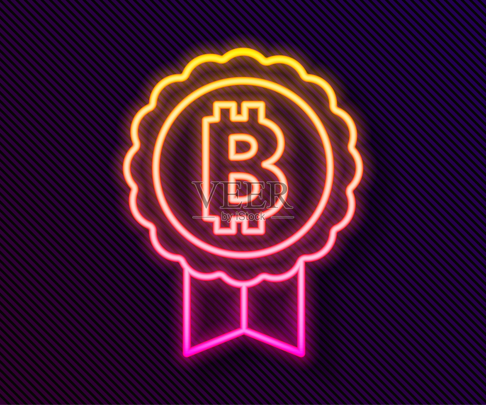 发光的霓虹线加密货币比特币图标孤立在黑色背景。物理一些硬币。基于区块链安全加密货币。向量插画图片素材