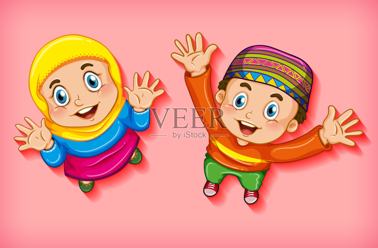 从空中俯瞰，快乐的穆斯林孩子们插画图片素材