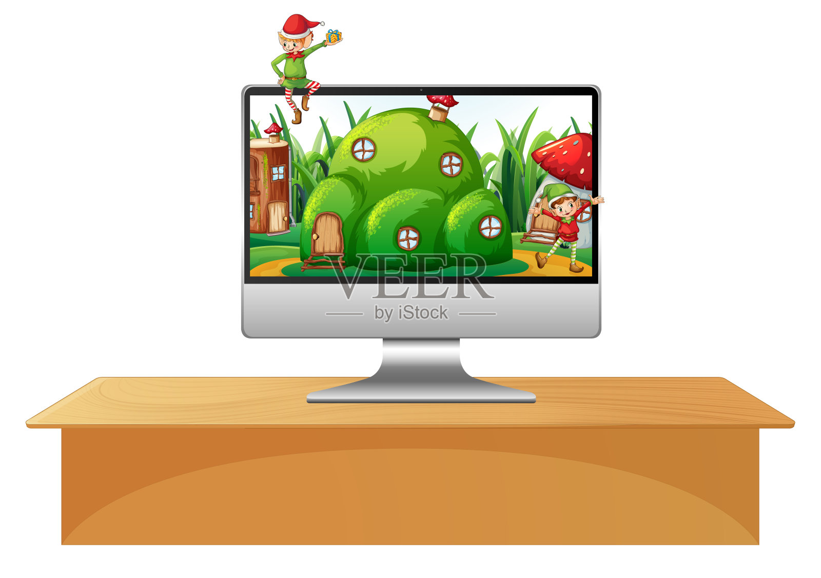 电脑桌面上的小精灵插画图片素材