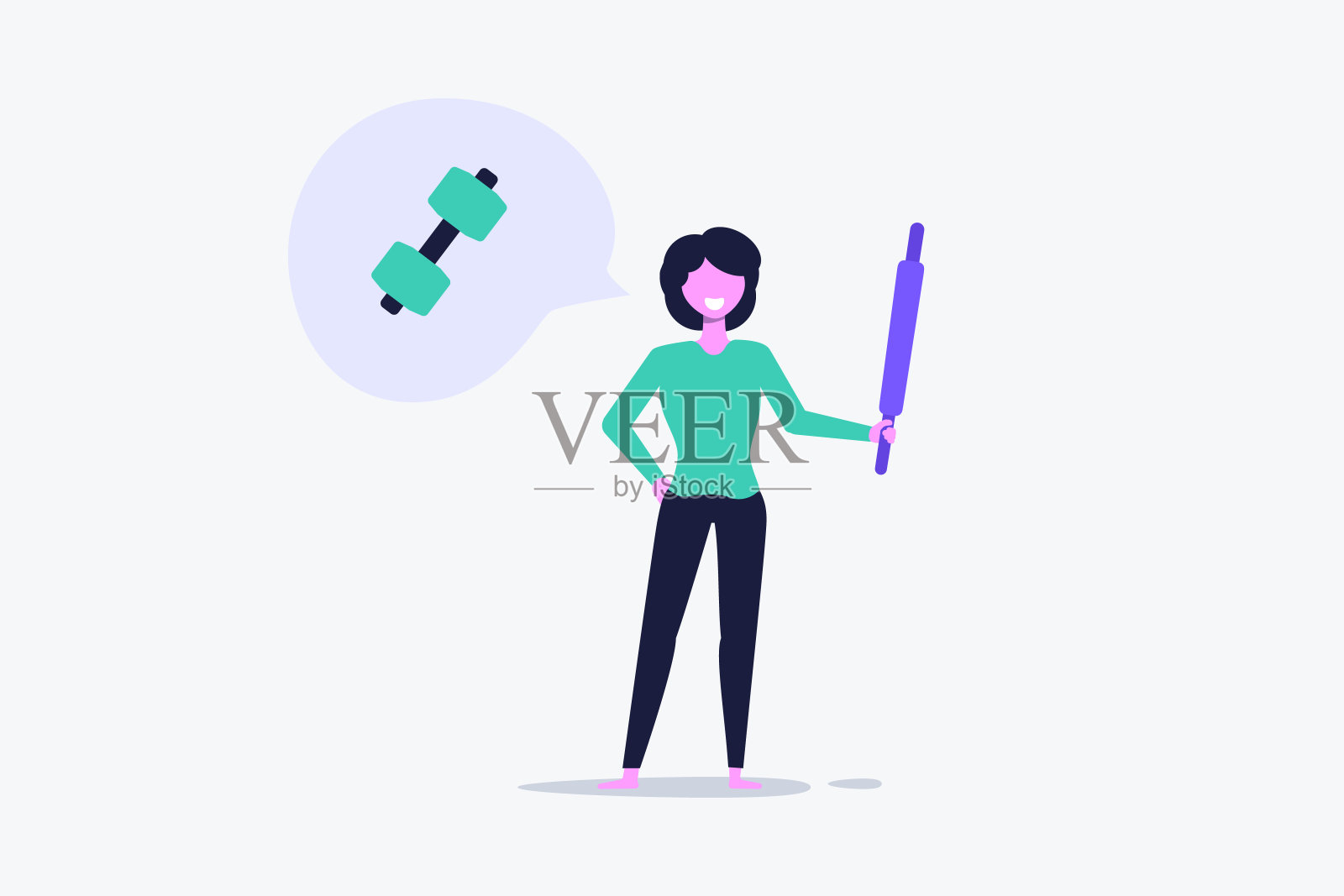 这个女孩正在做家务，打扫房间，她要去徒步旅行。在家健身，在家运动，在家健身。保持积极和健康。插画图片素材