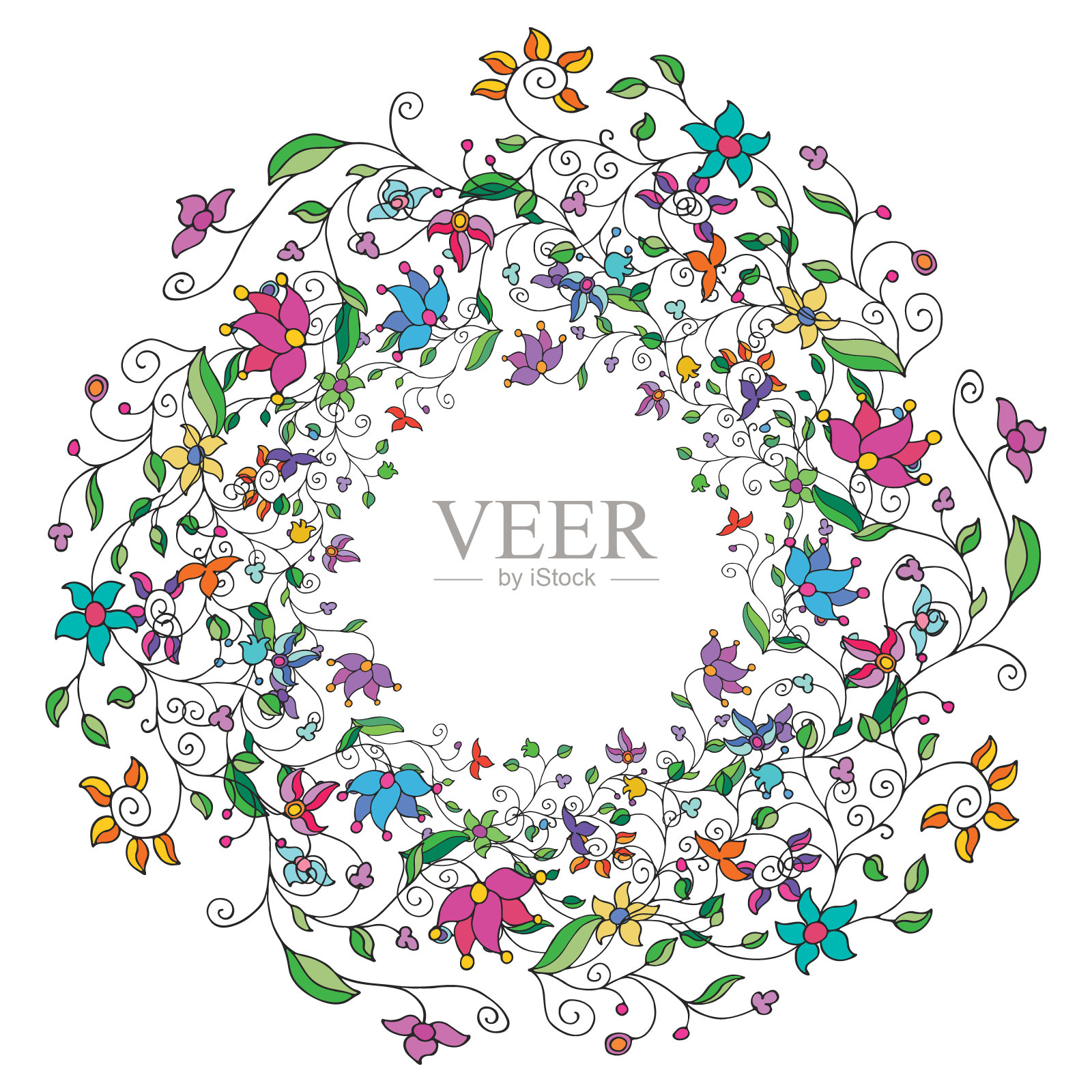 彩色花朵的圆形框架插画图片素材