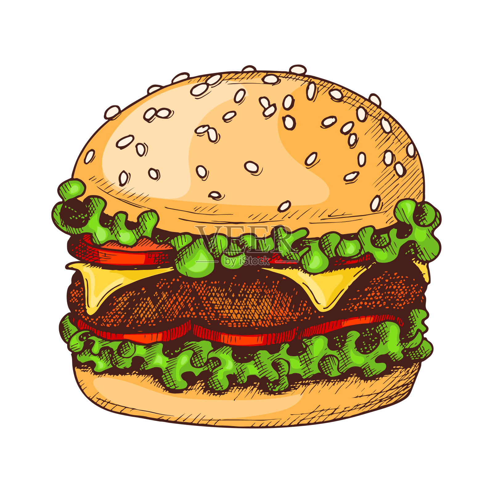 速写油墨图形汉堡插图，彩色草稿剪影画设计元素图片